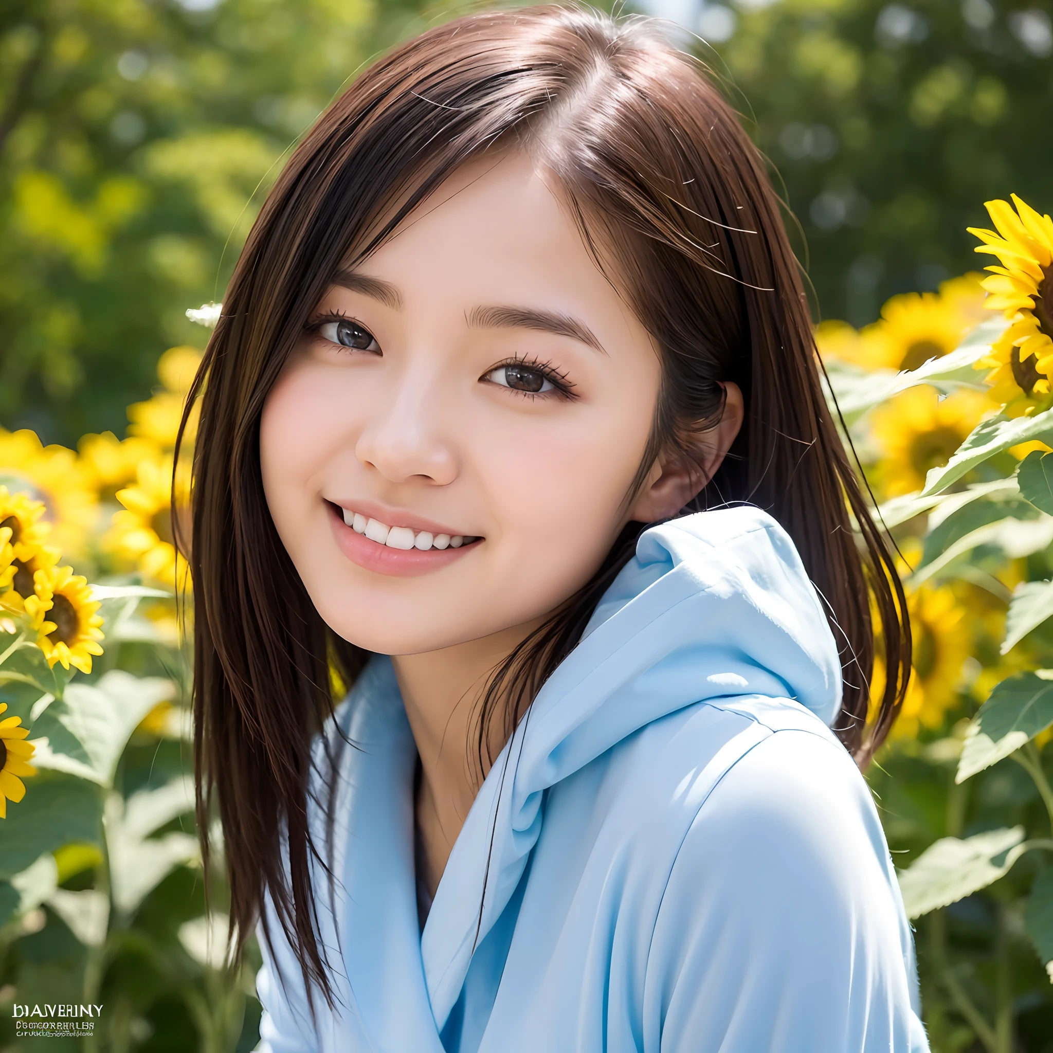 Photos taken by professional photographers, realistic photos, realistic skin texture, portrait of Japan high school girl in uniform, beautiful girl, background is sunflower field in full bloom and blue sky, round face, healthy skin tone, real and beautiful skin with pores, slightly wavy maroon shoulder-length hair, dark brown slightly sagging eyes, plump attractive lips, beautiful smile, no makeup, naïve, innocent