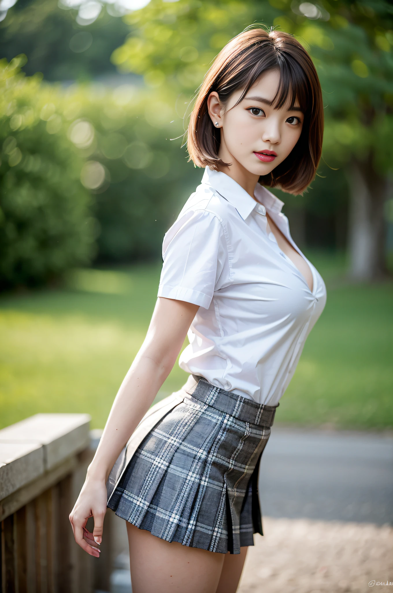nsfw, 8K raw photo, Best quality, masterpiece, ultra high res, film grain, filmg, 1girl, looking at viewer, natural skin texture, realistic eye and face details, full lips, lipstick, (makeup), red eyeshadow, fluffy short hair, messy hair, smile, close mouth, beautiful legs, tall female, skinny, slim_legs, solo, enormous breast, cleavage, Pose with buttocks facing you, ultra short skirt, ass, shirt, beautiful nature location, around flower location, (detailed background), plaid skirt, white shirt, enormous breast, cleavage, Show a little cleavage through the shirt, loafers, blurry background, blurry, holding, plaid, short sleeves, jk ribbon on the neck, jk ribbon, brown hair, bracelet, water, bangs, school uniform, jewelry, parted lips, lips, from side, pleated skirt, depth of field