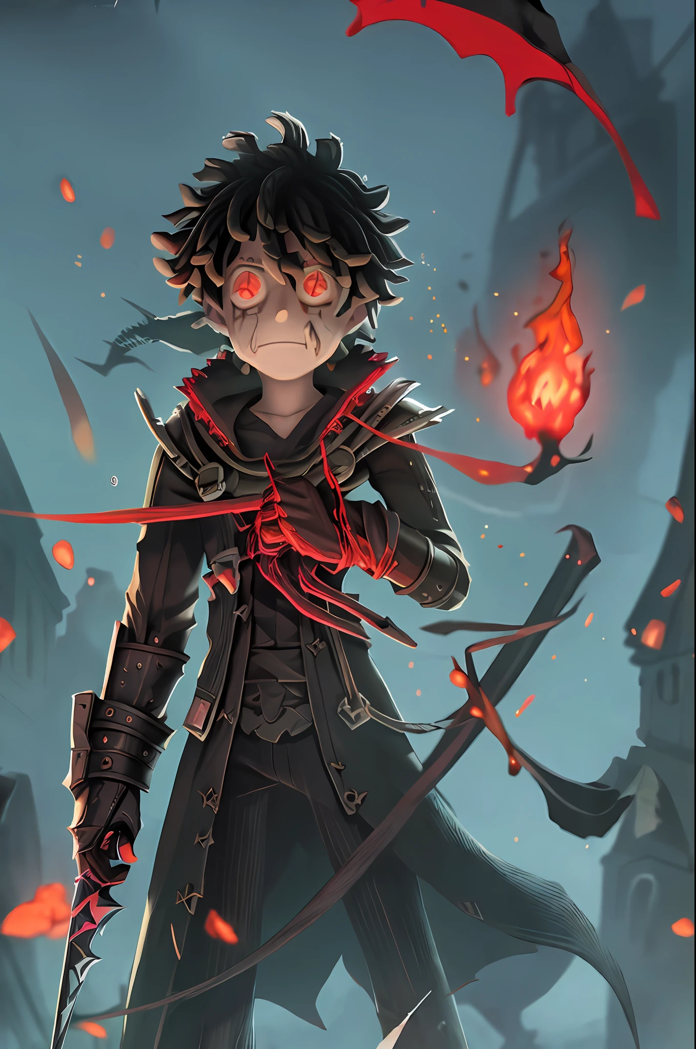 (best quality, masterpiece1.2), detailed,1boy, Blood_Skelter, discolored eyes, brown blood,wounds caused by fire, black fire, midoriya izuku, short green hair faded, midorita izuku like death, plague doctor clothes, plague doctor mask, brandishing a scythe in his hands,curved and sharp blade mounted on a long handle. The blade of the scythe is usually made of steel and has a very sharp edge on one of its sides, dark handle of the scythe, Izuku Midoriya as the grim reaper dressed in plague doctor's clothes wielding a scythe, in a cemetery under the crimson moonlight.