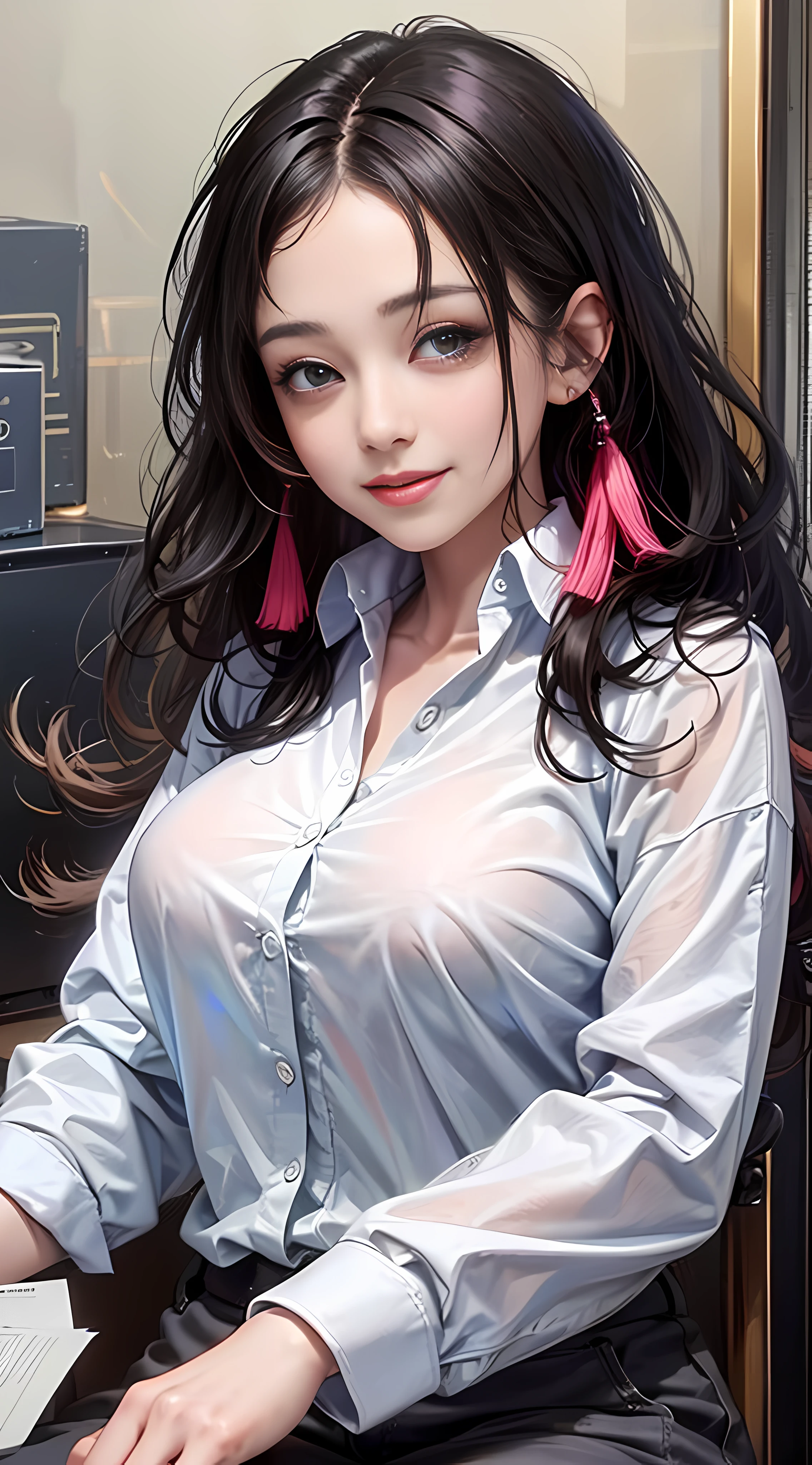 Super high quality, 8K, upper body, don't leak fingers, 1 girl, smile, solo, white skin, office, white shirt