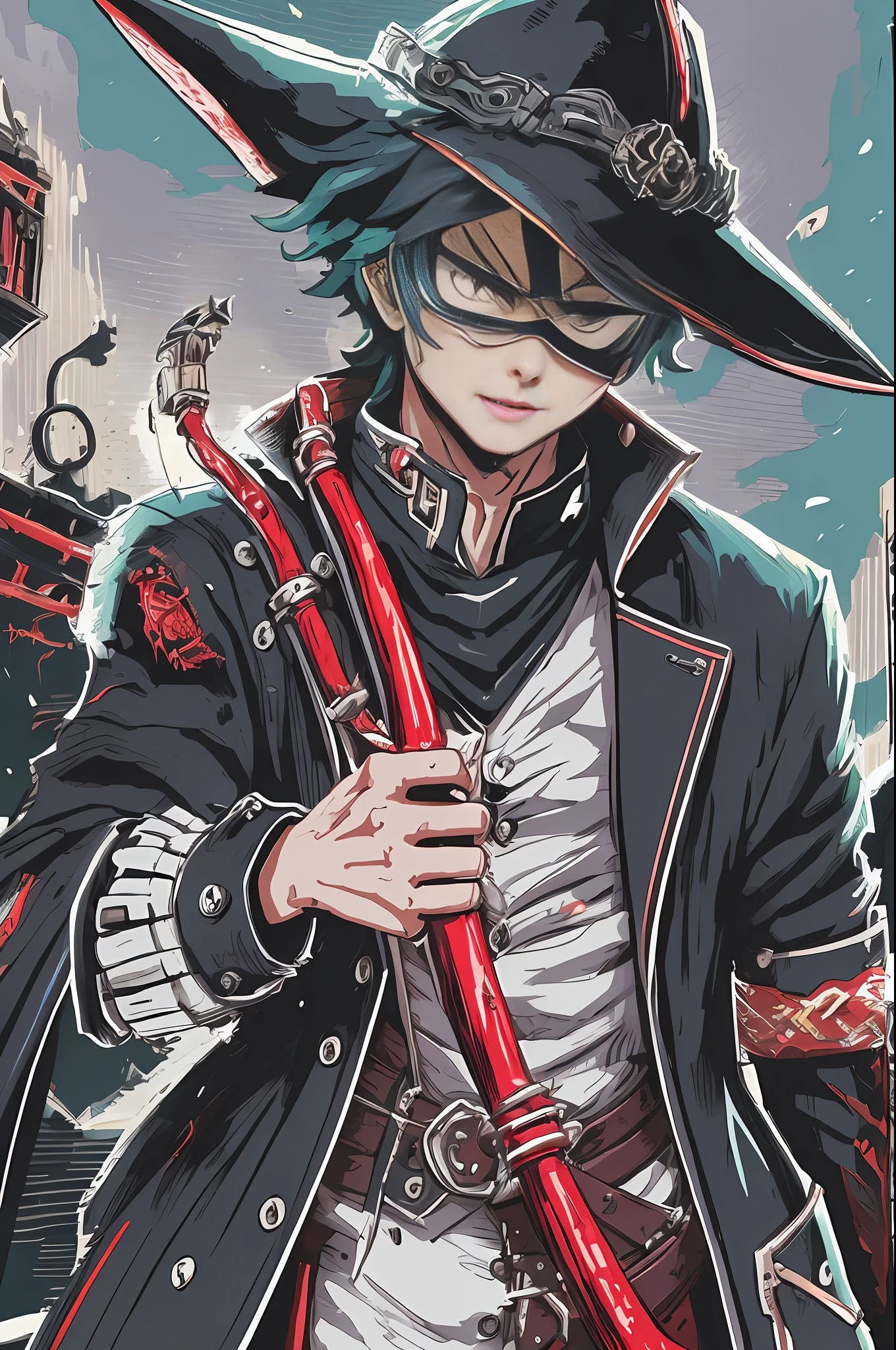 (best quality, masterpiece1.2), detailed,1boy, Blood_Skelter, discolored eyes, brown blood,wounds caused by fire, black fire, midoriya izuku, short green hair faded, midorita izuku like death, plague doctor clothes, plague doctor mask, brandishing a scythe in his hands,curved and sharp blade mounted on a long handle. The blade of the scythe is usually made of steel and has a very sharp edge on one of its sides, dark handle of the scythe, Izuku Midoriya as the grim reaper dressed in plague doctor's clothes wielding a scythe, in a cemetery under the crimson moonlight.