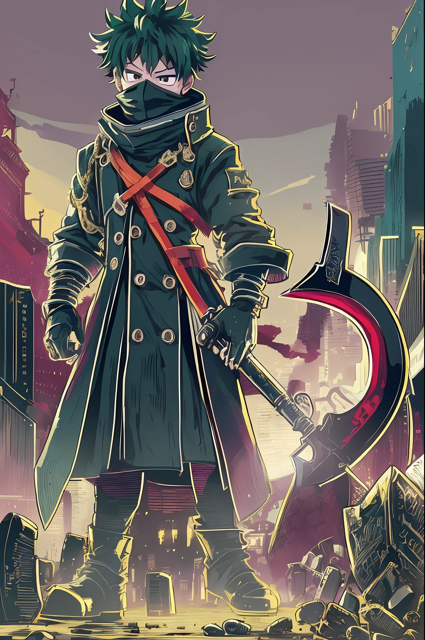 (best quality, masterpiece1.2), detailed,1boy, Blood_Skelter, discolored eyes, brown blood,wounds caused by fire, black fire, midoriya izuku, short green hair faded, midorita izuku like death, plague doctor clothes, plague doctor mask, brandishing a scythe in his hands,curved and sharp blade mounted on a long handle. The blade of the scythe is usually made of steel and has a very sharp edge on one of its sides, dark handle of the scythe, Izuku Midoriya as the grim reaper dressed in plague doctor's clothes wielding a scythe, in a cemetery under the crimson moonlight.