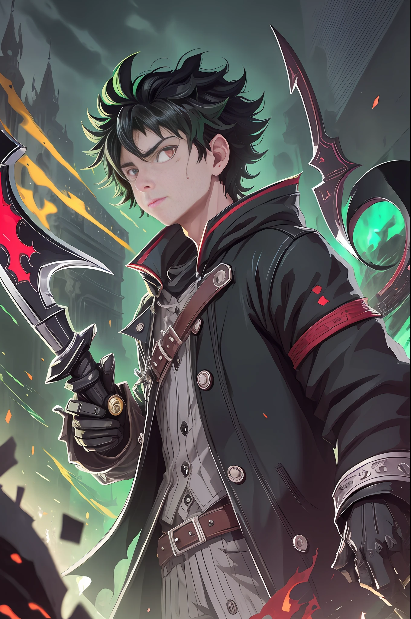 (best quality, masterpiece1.2), detailed,1boy, Blood_Skelter, discolored eyes, brown blood,wounds caused by fire, black fire, midoriya izuku, short green hair faded, midorita izuku like death, plague doctor clothes, plague doctor mask, brandishing a scythe in his hands,curved and sharp blade mounted on a long handle. The blade of the scythe is usually made of steel and has a very sharp edge on one of its sides, dark handle of the scythe, Izuku Midoriya as the grim reaper dressed in plague doctor's clothes wielding a scythe, in a cemetery under the crimson moonlight.