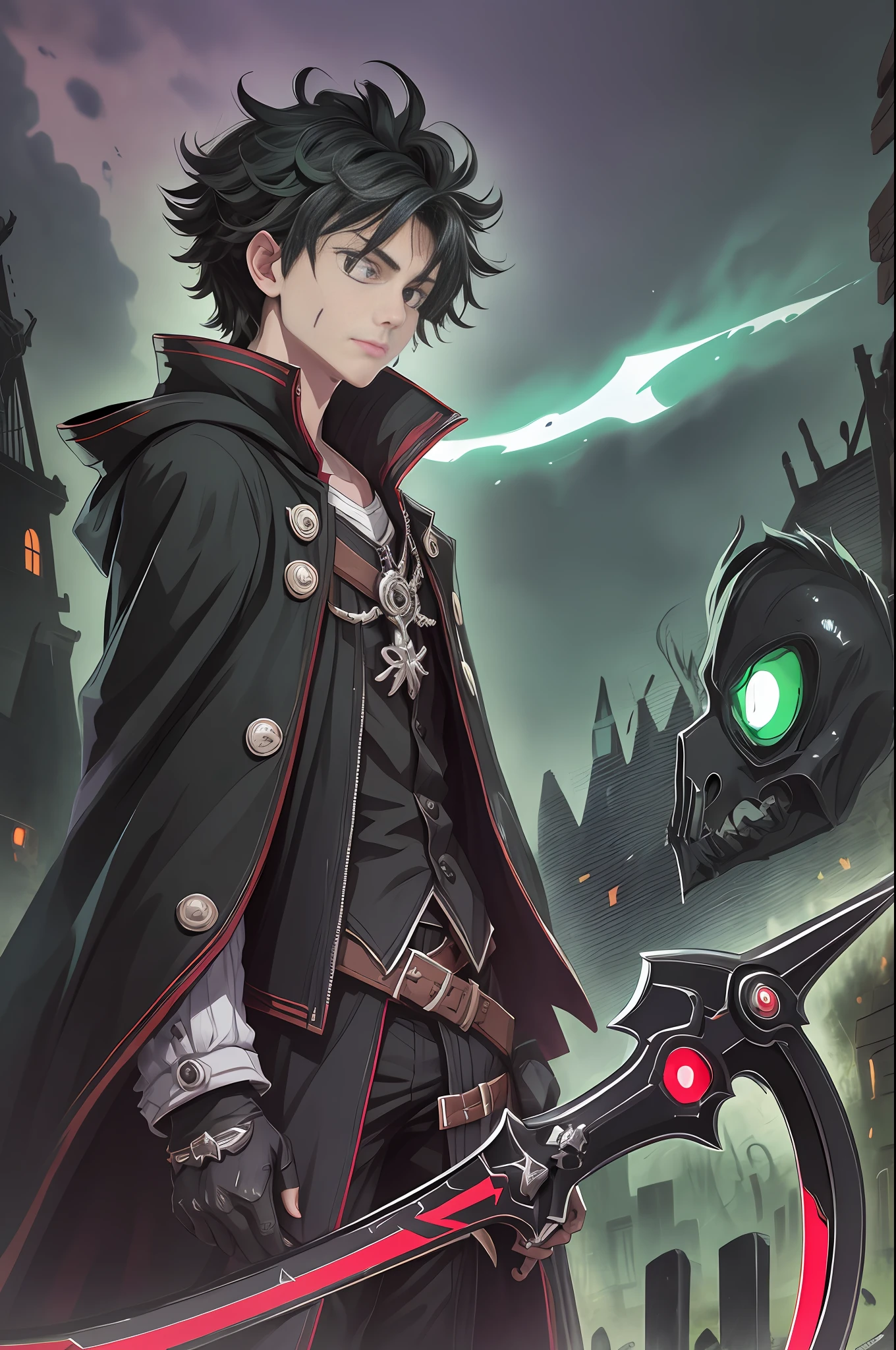 (best quality, masterpiece1.2), detailed,1boy, Blood_Skelter, discolored eyes, brown blood,wounds caused by fire, black fire, midoriya izuku, short green hair faded, midorita izuku like death, plague doctor clothes, plague doctor mask, brandishing a scythe in his hands,curved and sharp blade mounted on a long handle. The blade of the scythe is usually made of steel and has a very sharp edge on one of its sides, dark handle of the scythe, Izuku Midoriya as the grim reaper dressed in plague doctor's clothes wielding a scythe, in a cemetery under the crimson moonlight.