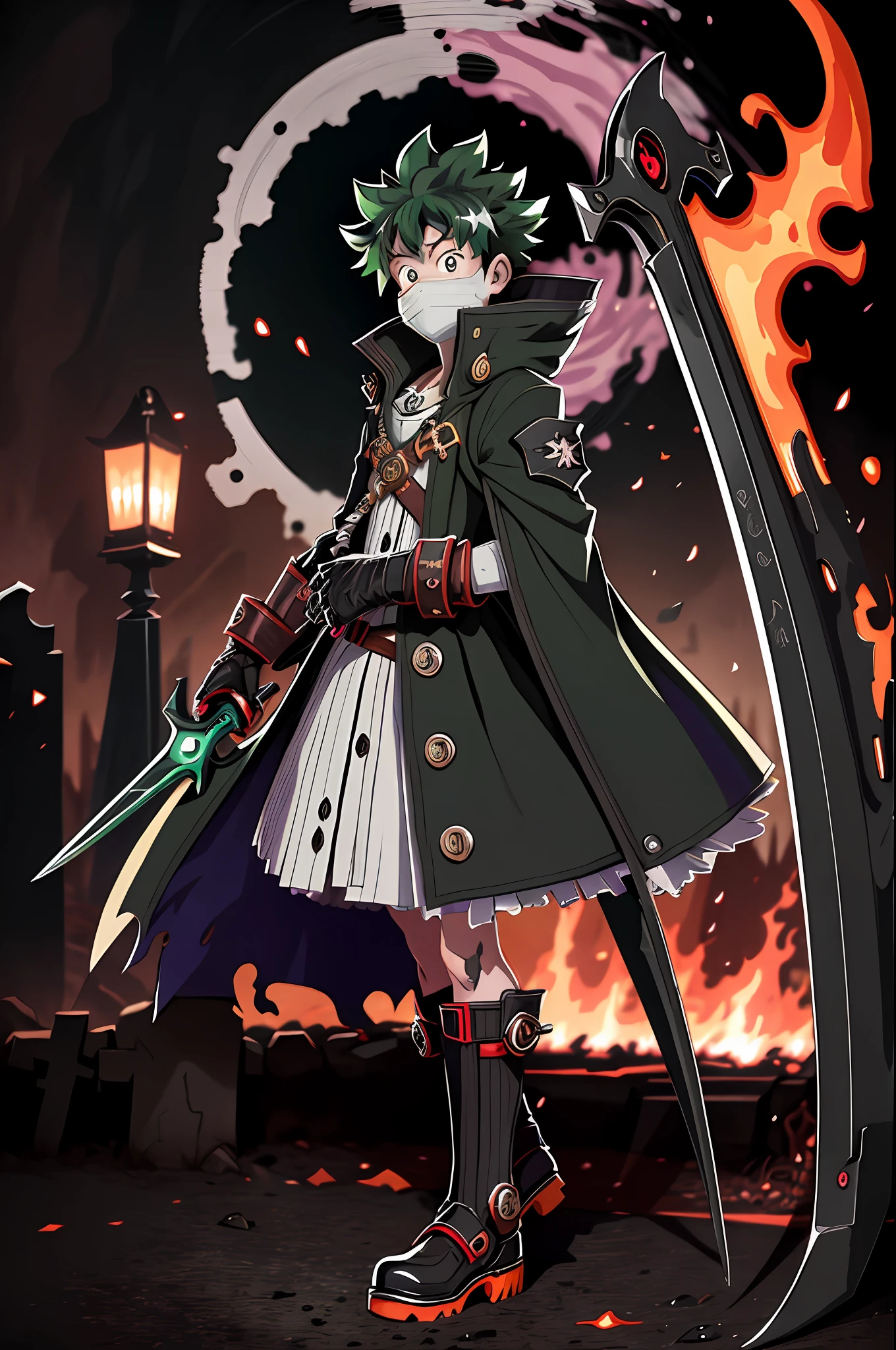 (best quality, masterpiece1.2), detailed,1boy, Blood_Skelter, discolored eyes, brown blood,wounds caused by fire, black fire, midoriya izuku, short and green faded hair, midorita izuku like death, plague doctor clothes, plague doctor mask, brandishing a scythe in his hands, Izuku Midoriya as the grim reaper dressed in plague doctor's clothes wielding a scythe in a cemetery under the crimson moonlight.