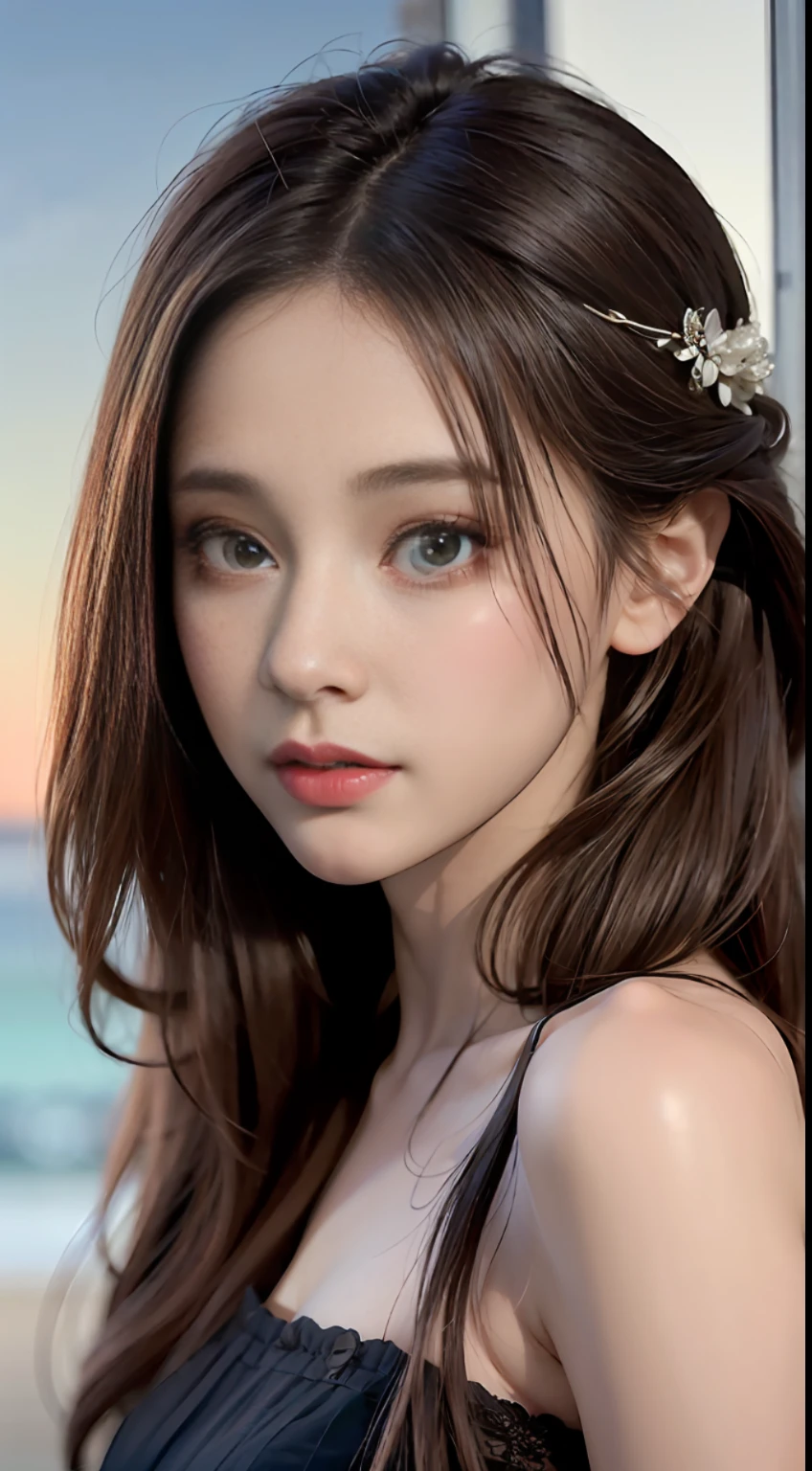 (8k, best quality, masterpiece: 1.2), (realistic, realistic: 1.37), super detailed, 1 girl, cute, solo, beautiful detailed sky, date, delicate body, black eyes, neat, beautiful detail eyes, (long hair: 1.2) brunette hair,