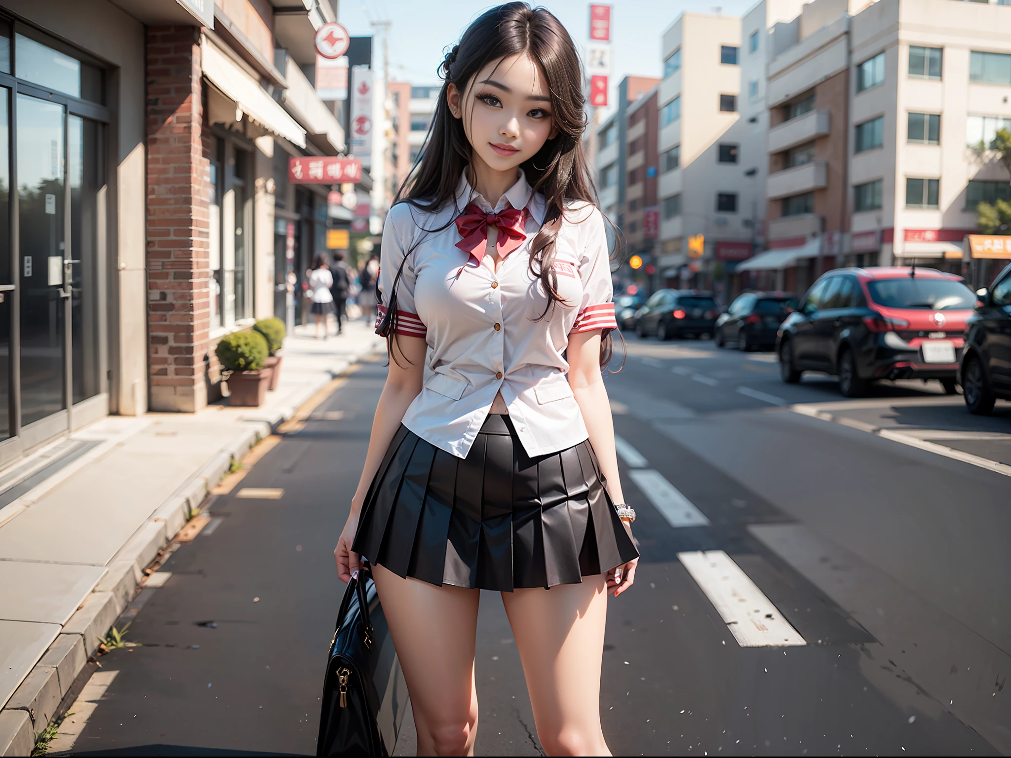 masterpiece, ultra high quality, ultra high definition, 8K, totally realistic, Korean girl, extremely beautiful, alone, full body, highly detailed face, fully detailed eyes, perfect eyes, perfect features, very beautiful body, perfect body, cheerful smile, wearing school uniform