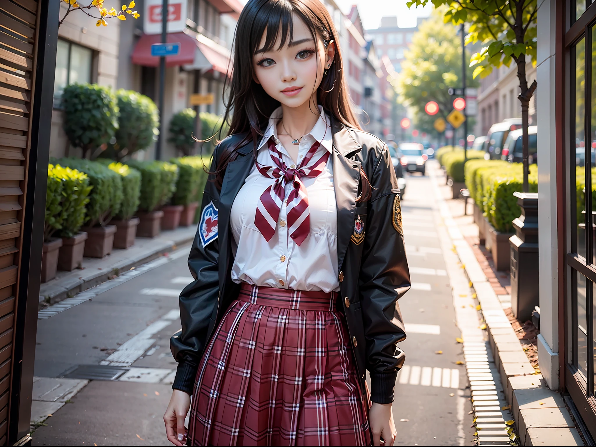 masterpiece, ultra high quality, ultra high definition, 8K, totally realistic, Korean girl, extremely beautiful, alone, full body, highly detailed face, fully detailed eyes, perfect eyes, perfect features, very beautiful body, perfect body, cheerful smile, wearing school uniform
