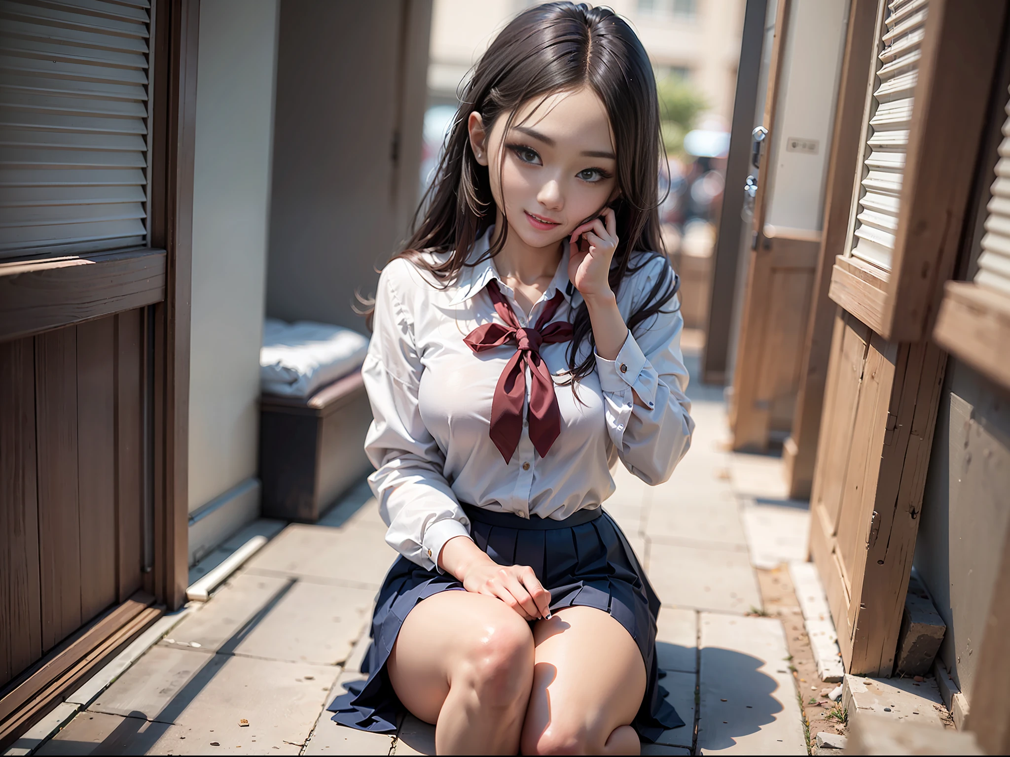 masterpiece, ultra high quality, ultra high definition, 8K, totally realistic, Korean girl, extremely beautiful, alone, full body, highly detailed face, fully detailed eyes, perfect eyes, perfect features, very beautiful body, perfect body, cheerful smile, wearing school uniform