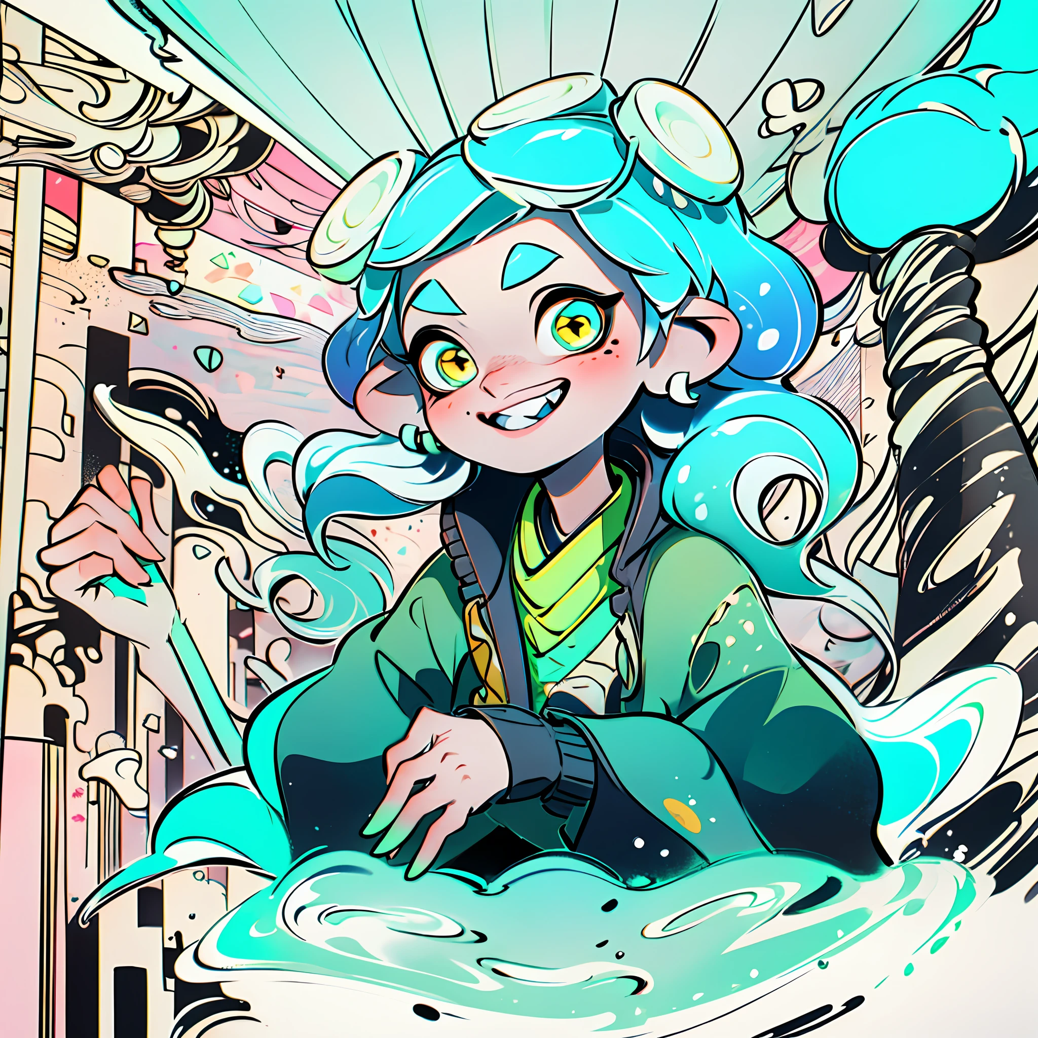 a brightly colored Inkling from the popular game Splatoon, taking a refreshing break at an outdoor café. The Inkling is sitting at a vibrant, turquoise table with a white, polka-dotted umbrella overhead. They are wearing stylish gear, including a sleek, neon-colored ink-resistant jacket and matching sneakers.

In front of the Inkling, there's a tall, glass milkshake topped with a generous dollop of whipped cream and colorful sprinkles. The milkshake is held in a clear, cylindrical glass, allowing the layers of vibrant ink-like flavors to shine through. From the bottom up, the ink-like layers transition from a deep indigo blue at the base to a bright neon green at the top.

The Inkling holds the milkshake glass with both hands, eagerly raising it towards their face, a wide grin spreading across their squid-like features. Some specks of colored ink have splattered on their face and tentacles, indicating the playful nature of their meal. The surrounding environment is filled with other Inkling characters, each engaged in their own activities, enjoying the day at the bustling Inkopolis Square.