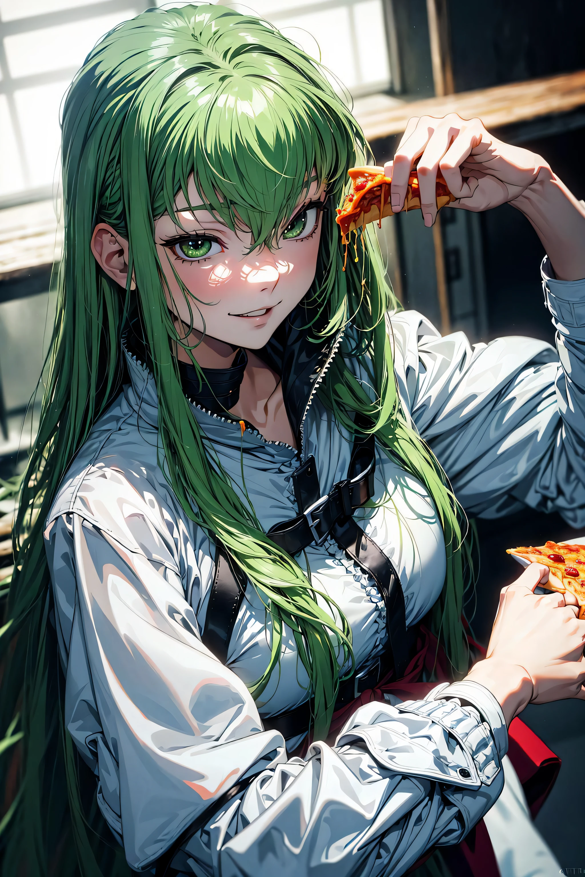 absurdres, (best quality), (masterpiece),(ultra-detailed:1.2),(photorealistic:1.1),ultra high res,
1girl,(smirk:1.1),
eating,pizza,eating pizza,drooping,melting pizza,melting cheese,
c.c.,(white Straitjacket:1.4) ,green hair,long sleeves,black belt,