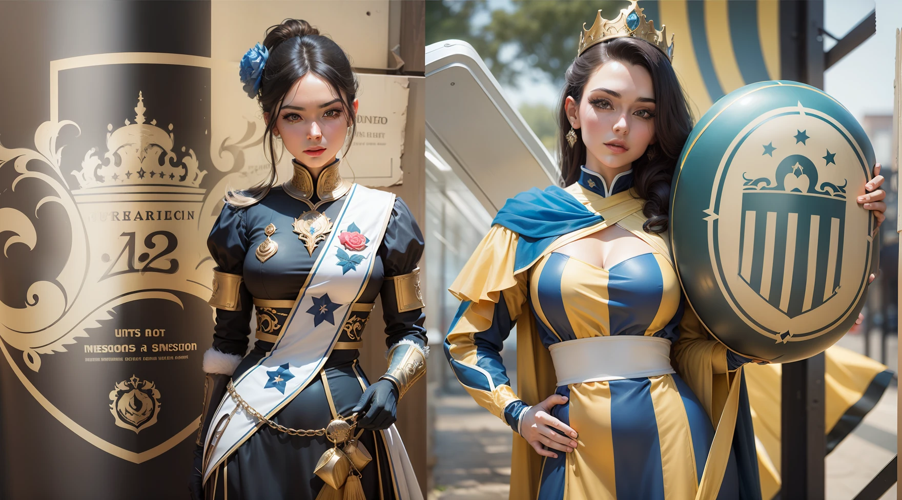 Femenina version of the image two beautiful women princesses dressed as liberators of the nobility of america, representing season 32 A new version of the logos, a new version of the women and a new version of the clothes showing the women of larger bodies and seductive face even more realistic and perfect, with 4k resolution the best quality of definition Uniting the two sectors of the logos with the two women making one image without separations --auto