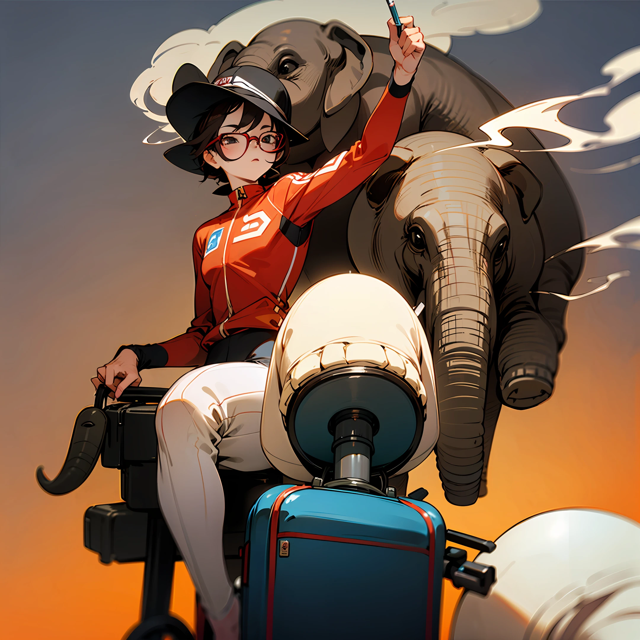 Cyclist with a red jersey of glasses. With a luggage rack. With an elephant on the luggage rack. The elephant smokes a cigarette and drinks a beer