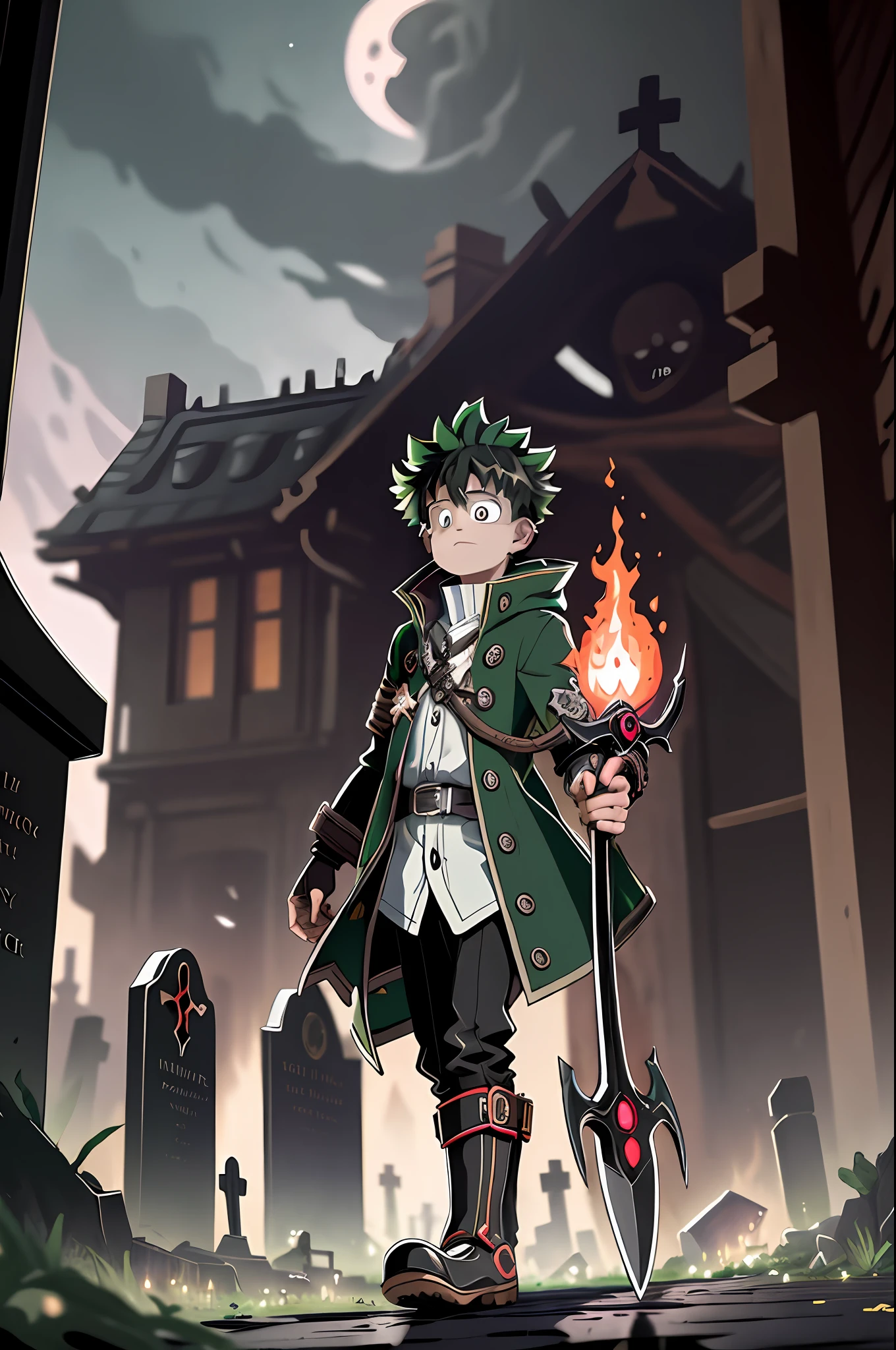 (best quality, masterpiece1.2), detailed,1boy, Blood_Skelter, discolored eyes, brown blood,wounds caused by fire, black fire, midoriya izuku, short and green faded hair, midorita izuku like death, plague doctor clothes, plague doctor mask, brandishing a scythe in his hands, Izuku Midoriya as the grim reaper dressed in plague doctor's clothes wielding a scythe in a cemetery under the crimson moonlight.