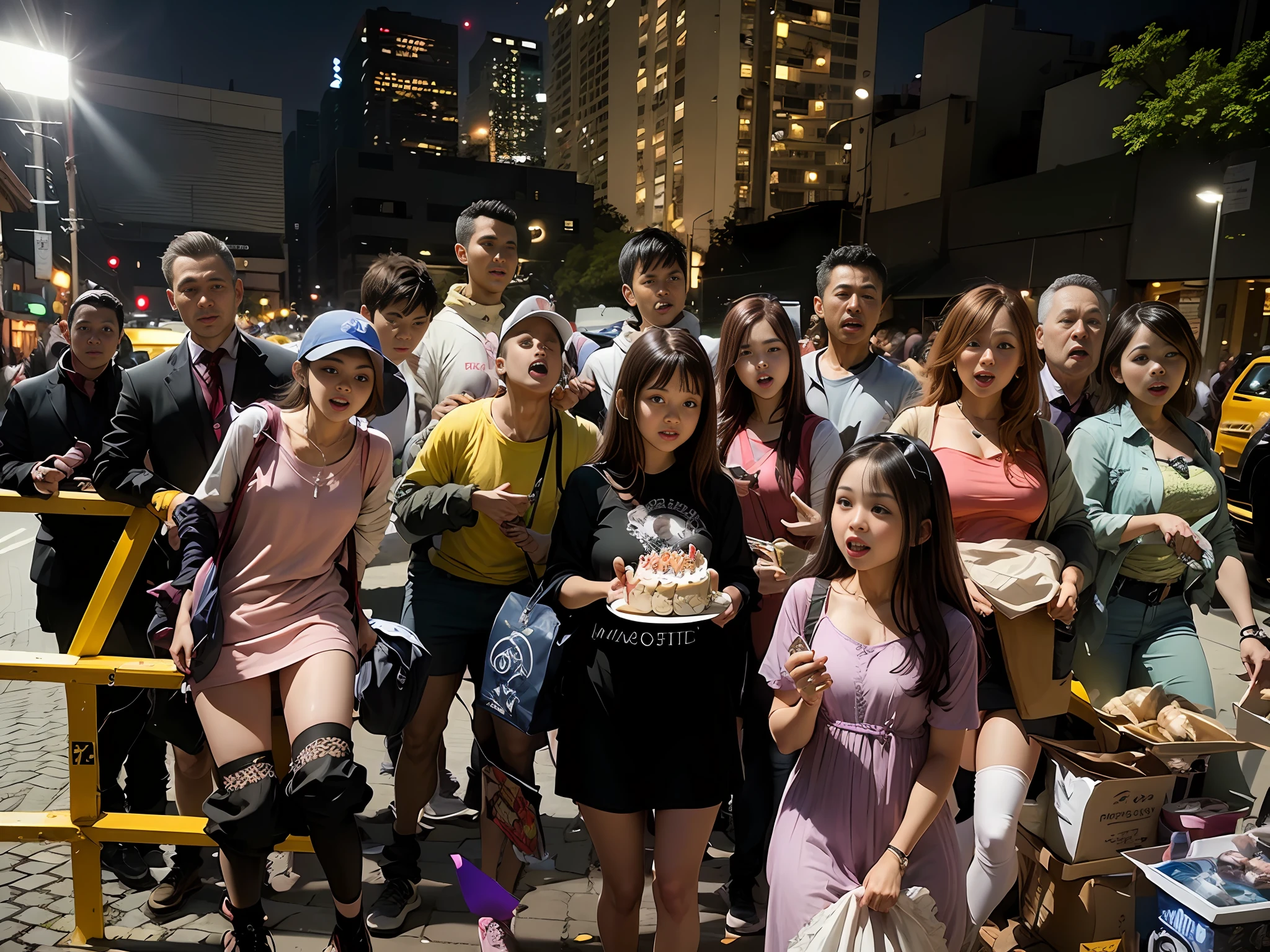 ((Best quality, 8k, Masterpiece :1.3)), a group of teenagers, 
A girl is holding the cake and standing in the middle, smiling, full body, slim face, Pretty woman, (Dark brown hair), full length dress :1.1, Ultra-detailed face, very short girl,  Detailed eyes, Double eyelid, blur background, slim face, city, outside, street, gatherings, happy birthday