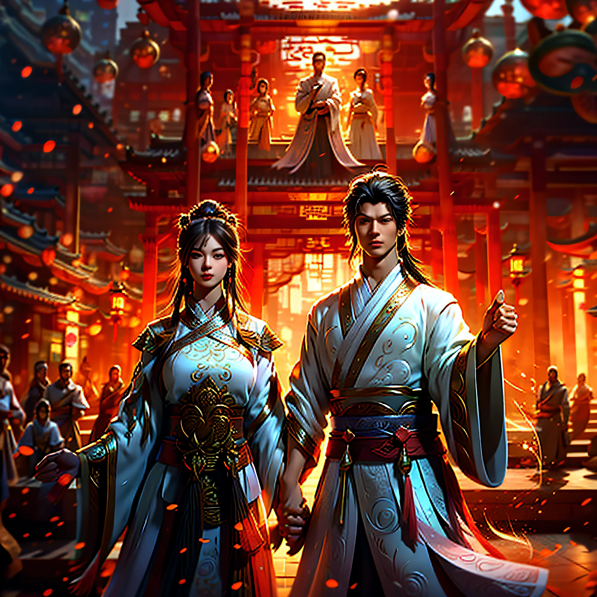Concept Art, "1 Couple, Male Focus, Finned Ears, Multicolored Hair, Handsome Boy, Long Black Hair, Tassels, Bangs, Carp, Colorful, Bold Colors, (Open) Traditional Chinese Clothing, Close Up, 1 Girl Ancient Chinese Beauty - 10 Manners: steady, elegant, generous - 8 Facial expressions: smile - 7 Facial features: elegant, pointed chin - 9 Eyes: brown, mild expression - 9 Lips: slightly open and apply light pink lipstick - 7 Skin: fair and flawless - 9 Earrings: beautiful and elegant, highlighting classical beauty - 6, Background: Ancient Chinese mahogany architecture, surreal atmosphere and soft sunlight - 10 Professional Movie Screen Looking at the Audience Finger Reasonable, Background Xian Fu Milky White Immortal Costume Neck Rationalization Jewelry Holy Vista.