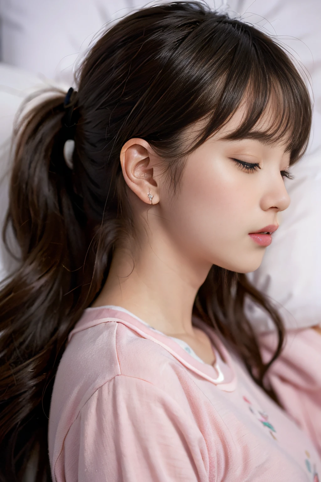 8k, super high quality, sleeping girl, 18 years old, profile up, realistic, wearing pink pajamas,