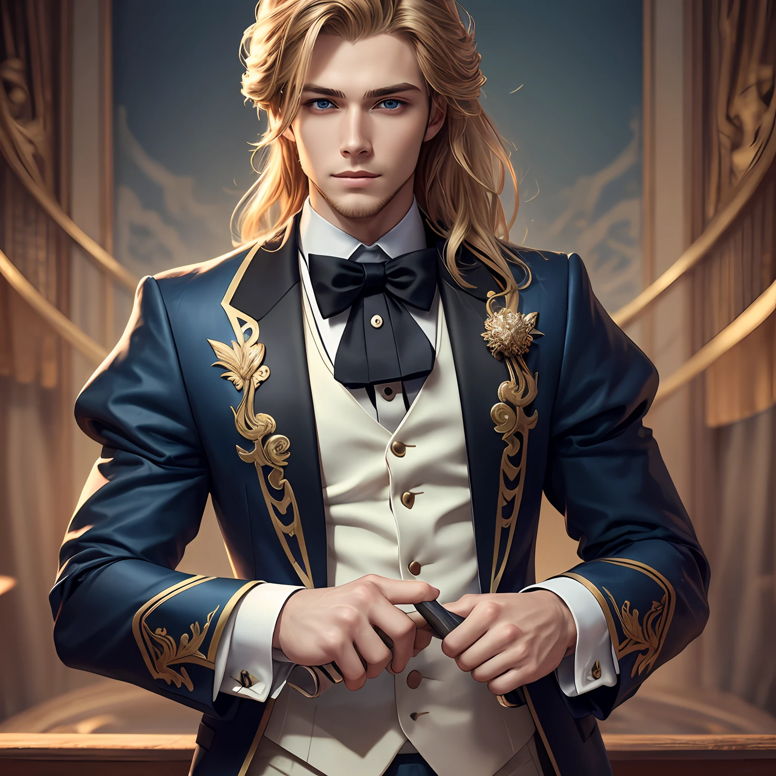 (Masterpiece) 8K resolution, top quality, handsome young man raking hair, beardless, blond long hair, blue eyes, model style, tuxedo, kind face, fantasy style