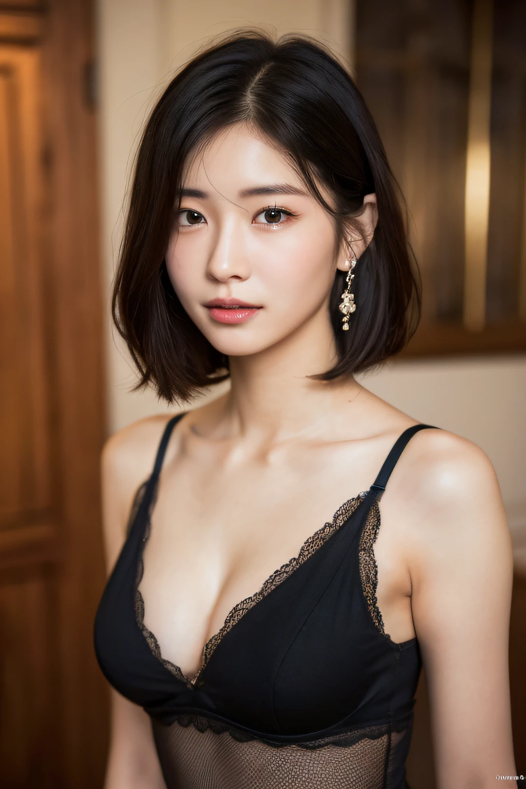 (8k, RAW photos, top quality, masterpiece: 1.2), ultra detailed, super resolution, (real, real photos: 1.37), portraits, high definition RAW color photos, professional photos, very detailed and beautiful, highly detailed, 8k wallpapers, amazing details, huge file size, official art, highly detailed CG Unity 8k wallpapers, highly detailed beautiful girls, highly detailed facesHighly detailed eyes, highly detailed skin, highly detailed fingers, highly detailed nose, highly detailed detailed mouth, perfect anatomy, detailed background, detailed clothes, one girl, (20:1.2), 20s, cute girl, realistic body, petite, white skin, radiant skin, slim body, handsome body, black hair, short hair, (dull bangs: 1.2), smile, cute, youthful, pretty face, realistic face, delicate eyes, sagging eyes, lingerie, see-through, earrings, camera gaze, cowboy shot, front-facing, contrapposto, dynamic lighting, super big, cowboy shot, big breast cleavage,