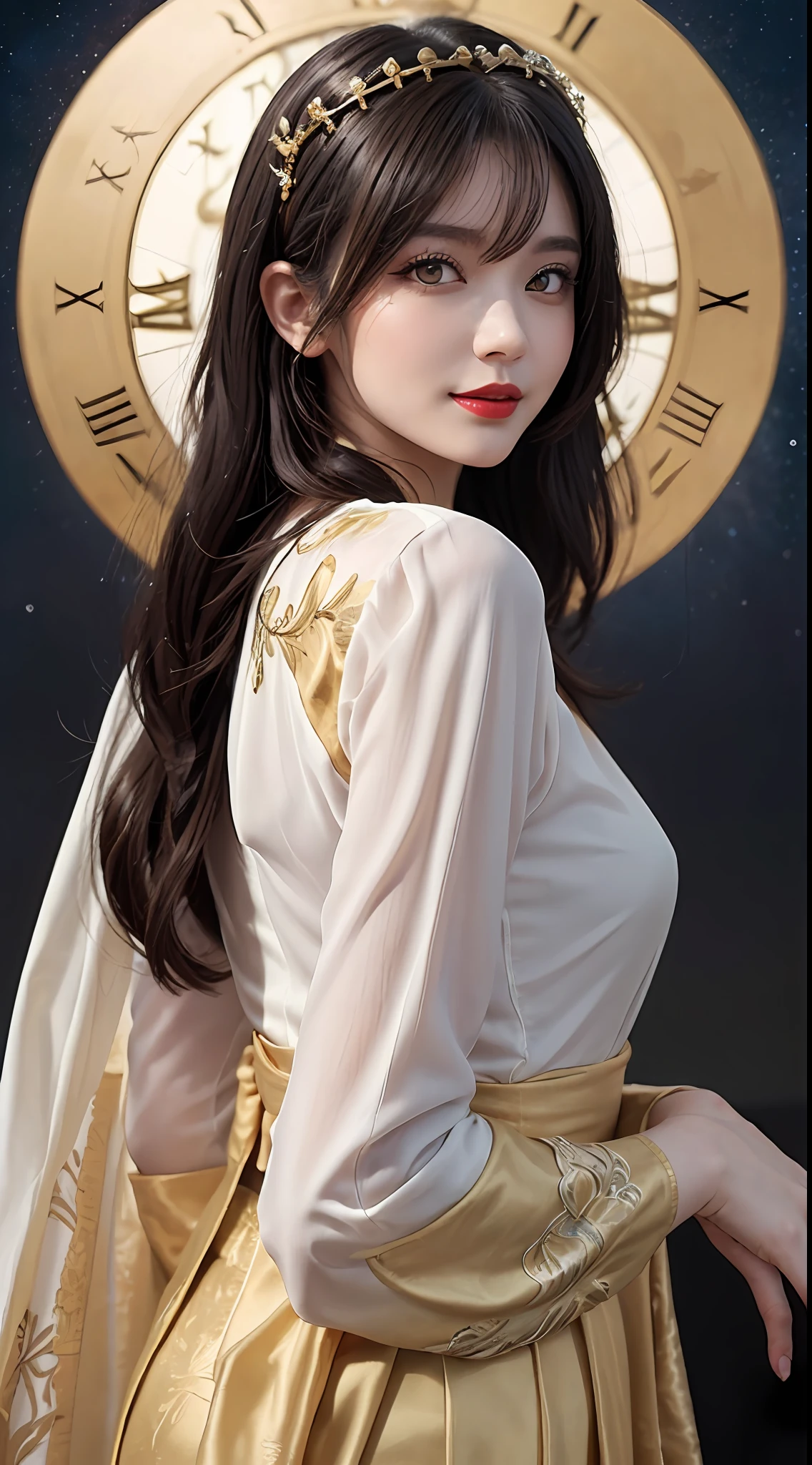 1 27-year-old girl, 1 zodiac goddess from the future, 12 zodiac goddess pink purple, 12 zodiac goddess wearing yellow silk long dress and pants, scarf and 12 royal ao dai detailed black lace, mythology Goddess of the 12 zodiacs from the future, zodiac ♏, luxury glittering zodiac style, dark and mysterious version, zodiac crown , red lipstick, thin and beautiful lips, a smile that captivates viewers, characters created by karol bak and pino daeni, intricate details, detailed backgrounds, extremely detailed, light magic, a woman wearing long silk clothes, clear face, long hair with flat bangs, beautiful face in detail and well-proportioned eyes, (transparent yellow eyes: 1.8), big round eyes and very beautiful and detailed makeup, foresight, long silk clothes, mysterious makeup, side bangs and dyed light blonde, upper half portrait, zodiac goddess portrait, arms hanging loose, Realistic and vivid photos, (stars that make up the zodiac: 1.7), (zodiac sky background and fictitious space and time portal: 1.8), fiction art, RAW images, photos hanfu, best photo, best quality photo, 8k quality, 8k ulta, super realistic, most realistic photo,