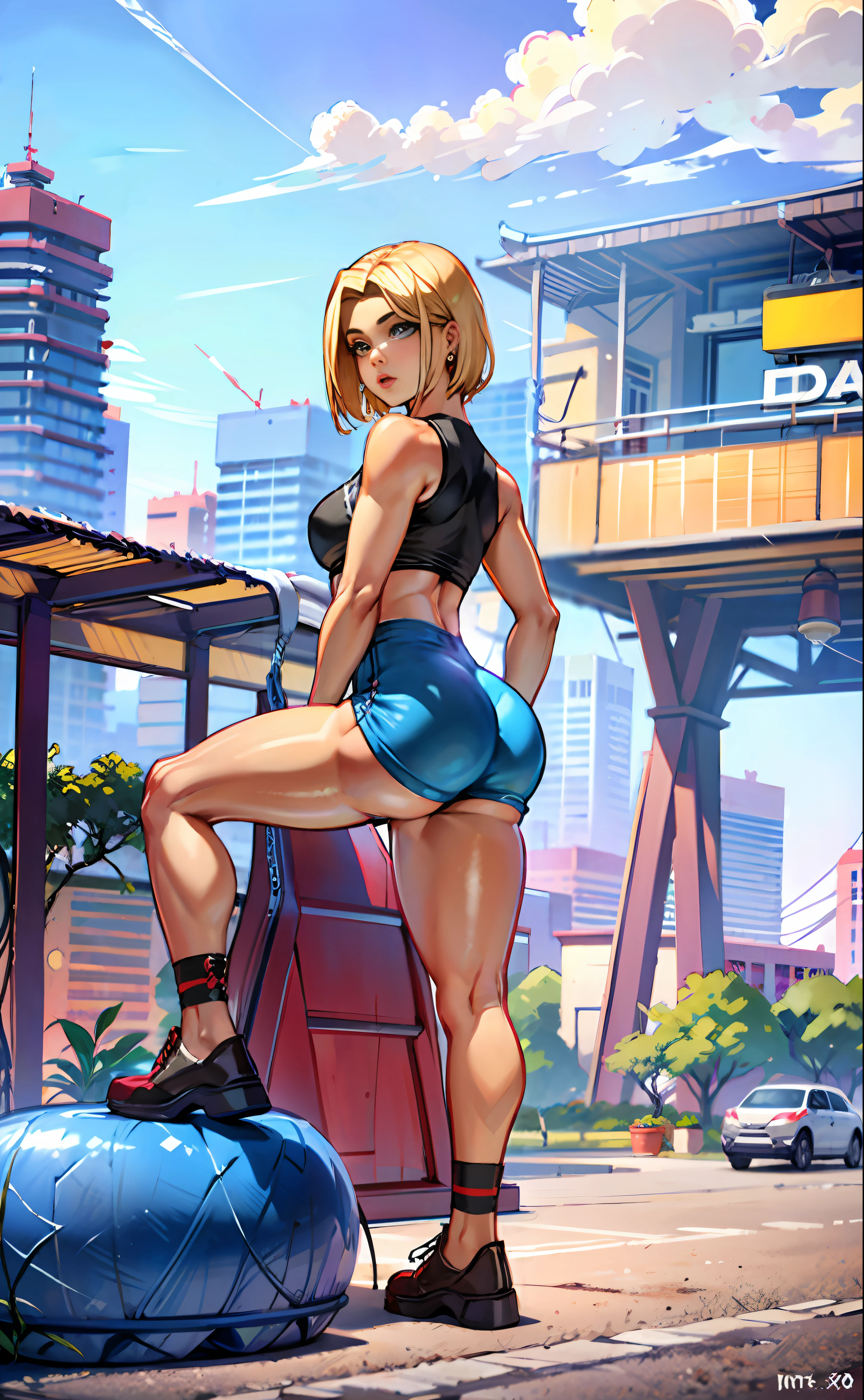unparalleled masterpiece, ultra realistic 8k CG, perfect artwork, (1girl:1.1) , solo, ((perfect female figure)), (nsfw), looking at viewer, mature female, bimbo (android 18) standing, (teasing), best quality:1.1 , seductive posture, sexy pose, alluring, (beautiful), (curvy), (thick), blonde hair, (blue eyes:1.2), short hair, earrings, jewelry, denim vest, open vest, black pantyhose, black shirt, denim skirt, striped long sleeves, blue skirt, toned legs, fit, (abs:1.1), (big butt:1.4), peach ass, (athletic body:1.2), (large breasts:1.3, (big_breasts:1.1), wide_hips:1.5, narrow waist, small waist:1.5, slender body:1.2, thick thighs:1.3), (shiny skin:1.2), (hdr), (street:1.2), Nikon D850 film stock photograph Kodak Portra 400 camera f1.6 lens, rich colors, lifelike texture, dramatic lighting, unreal engine, trending on ArtStation, by Gerald Brom, by Frank Frazetta, by Luis Royo, by Julie Bell, by Boris Vallejo