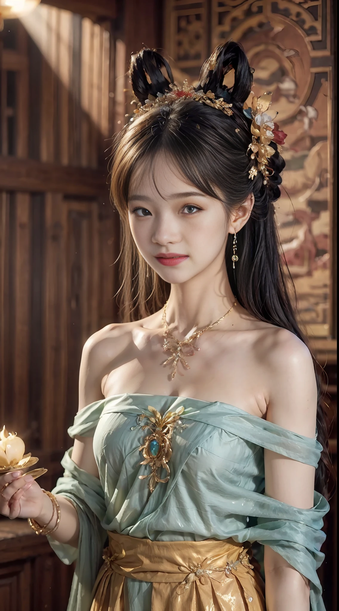 (RAW Photo, Best Quality), (Realistic, Photo Realistic: 1.3), Best Quality, Highly Detailed, Masterpiece, Ultra Detailed, Illustration, 1 Girl, upper_body, Dynamic Angle, World Mastery Theater, messy_long_hair, Best Quality, Extremely Detailed CG Unified 8k Wallpaper, Ink, Amazing, Cinematic Lighting, lens_flare, dunhuang_style, Beautiful Rendering of the Tang Dynasty, (Smile: 1.5), (Holy Light), In the Grotto, Floating, Sony Master Shot, Bustle, Gold Leaf, Flower, Looking at the Audience