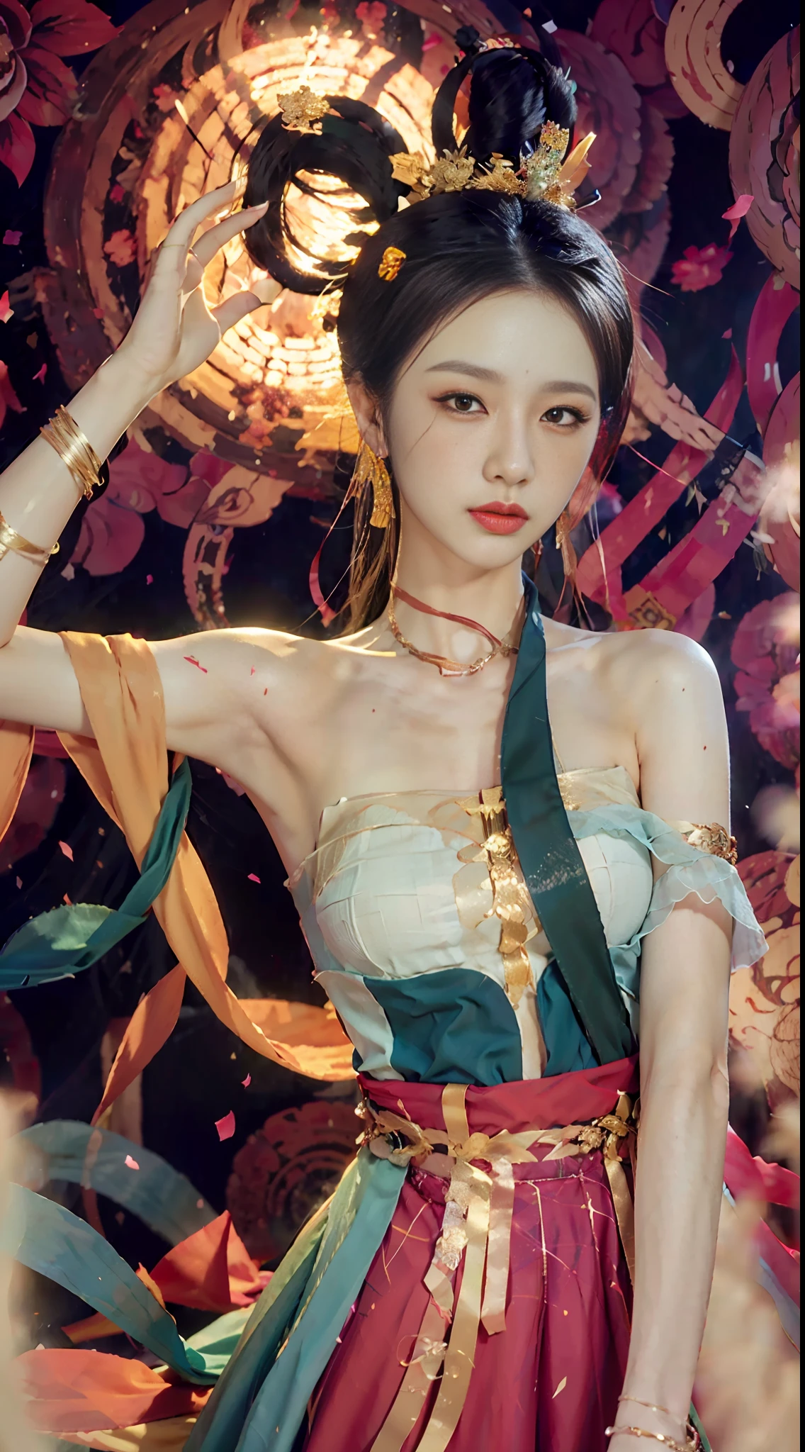 (8k, RAW Photo, Best Quality, Masterpiece: 1.2), (Realistic, Photo Real: 1.4), (Very Detailed CG Unity 8k Wallpaper), (1 Girl), dance, dunhuang_dress, dunhuang_style, dunhuang_background, One arm up, one hand forward, gold ornaments, ancient Chinese hairstyle, tulle, streamers, light makeup, eyeshadow, eyebrow mole, (face), dynamic pose, background smoke surrounding, red and green color scheme, flower petals flying, details, jewelry, earrings, bracelets, shoulders, complex textures, busts, guqin, pipa