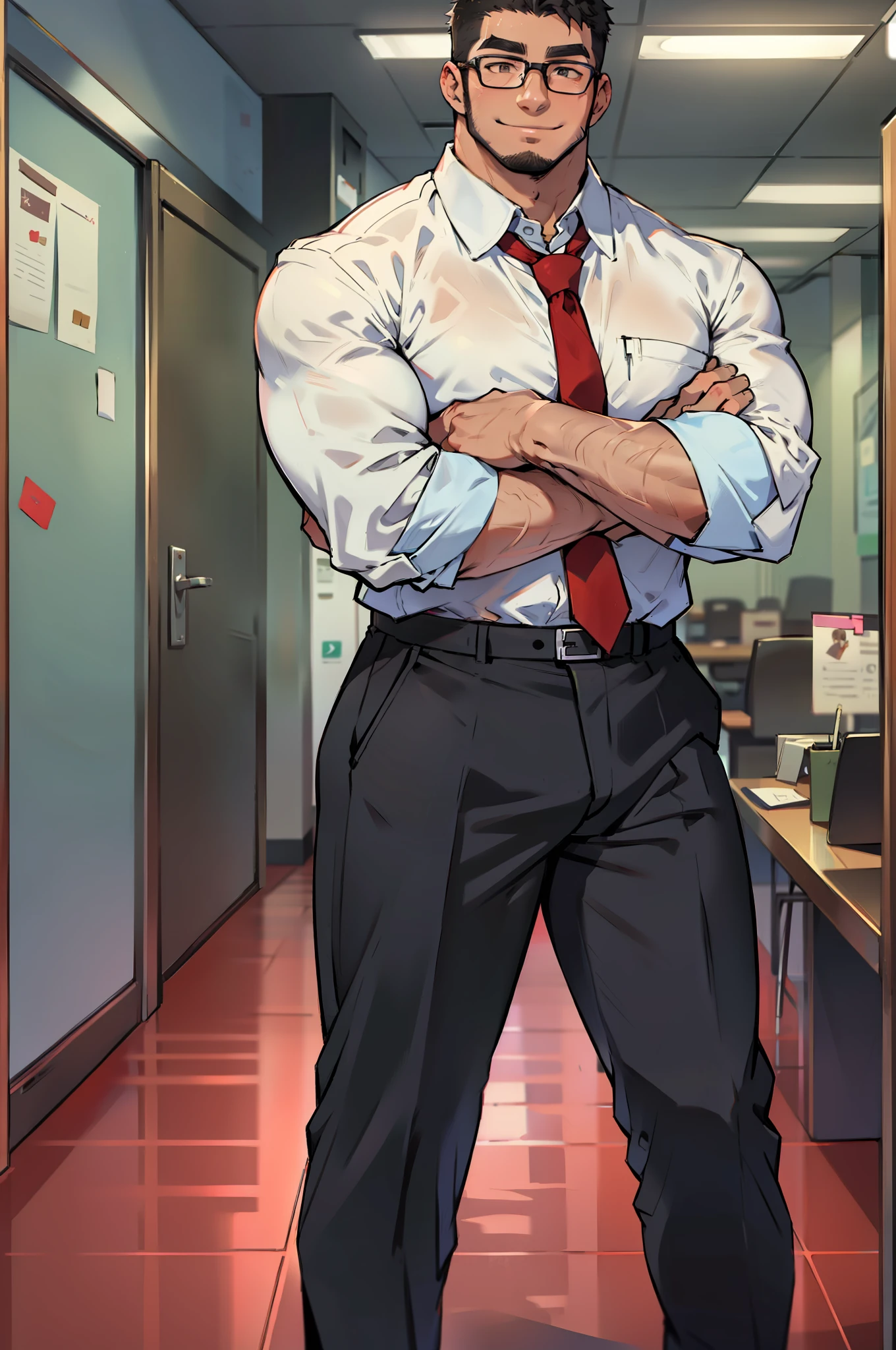 4k, masterpiece, high resolution:1.2, 1 man, 42 year old, solo, bara, muscular!!!, really tall, big physique (beast), crew cut hair, facial hair, black hair, cute smile, friendly, standing in an office, wearing formal trousers, wearing plain formal office shirt, wearing red tie, tidy outfits, wearing glasses, upstairs office in the background, ultra detailed, flat style, ((no