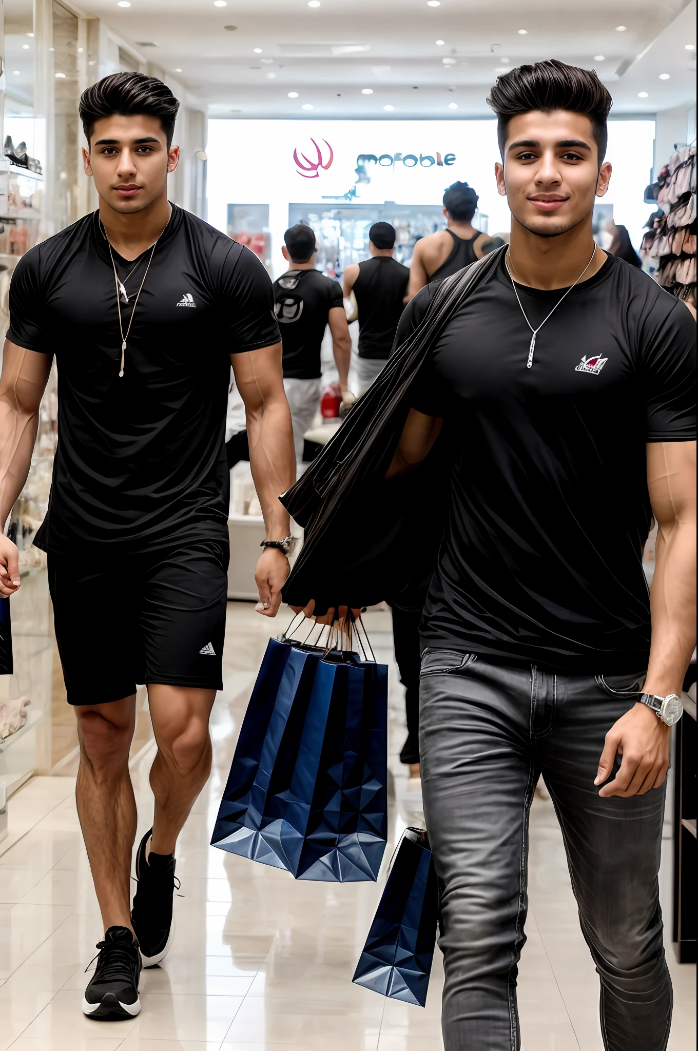 "19-year-old muscular Iranian male supermodel shopping in a body mall."