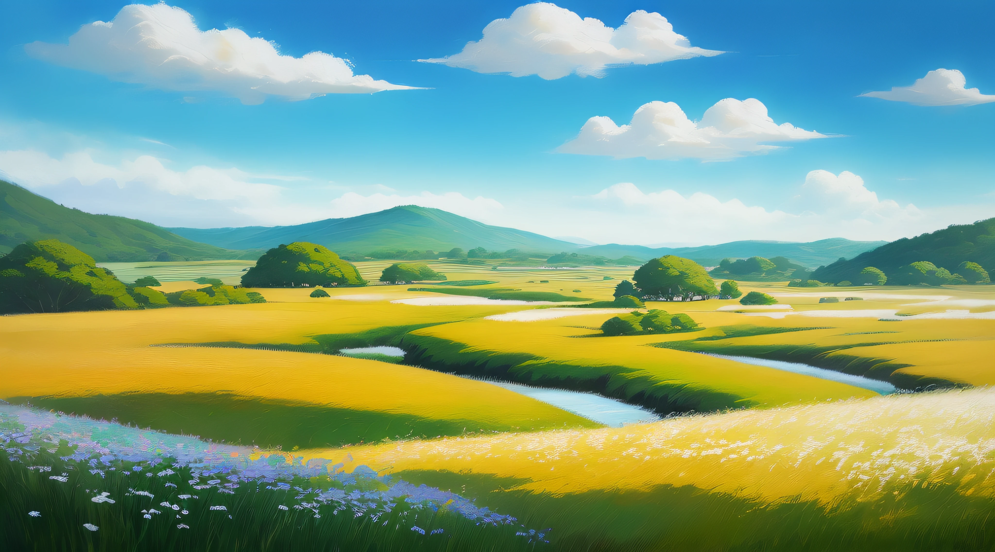Realistic, authentic, beautiful and amazing landscape oil painting Studio Ghibli Hayao Miyazaki's petal grassland with blue sky and white clouds --v6