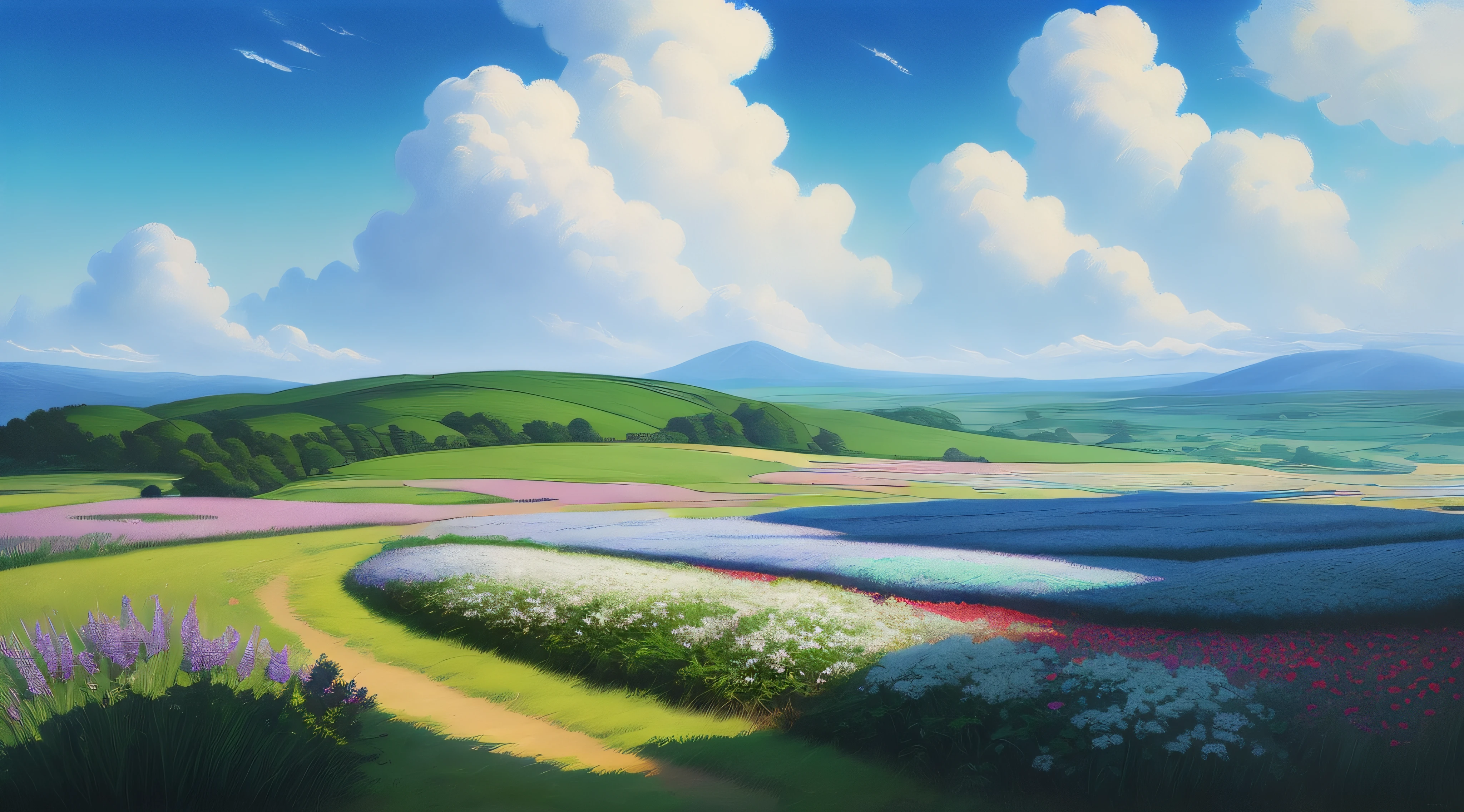 Realistic, authentic, beautiful and amazing landscape oil painting Studio Ghibli Hayao Miyazaki&#39;s petal grassland with blue sky and white clouds --v6