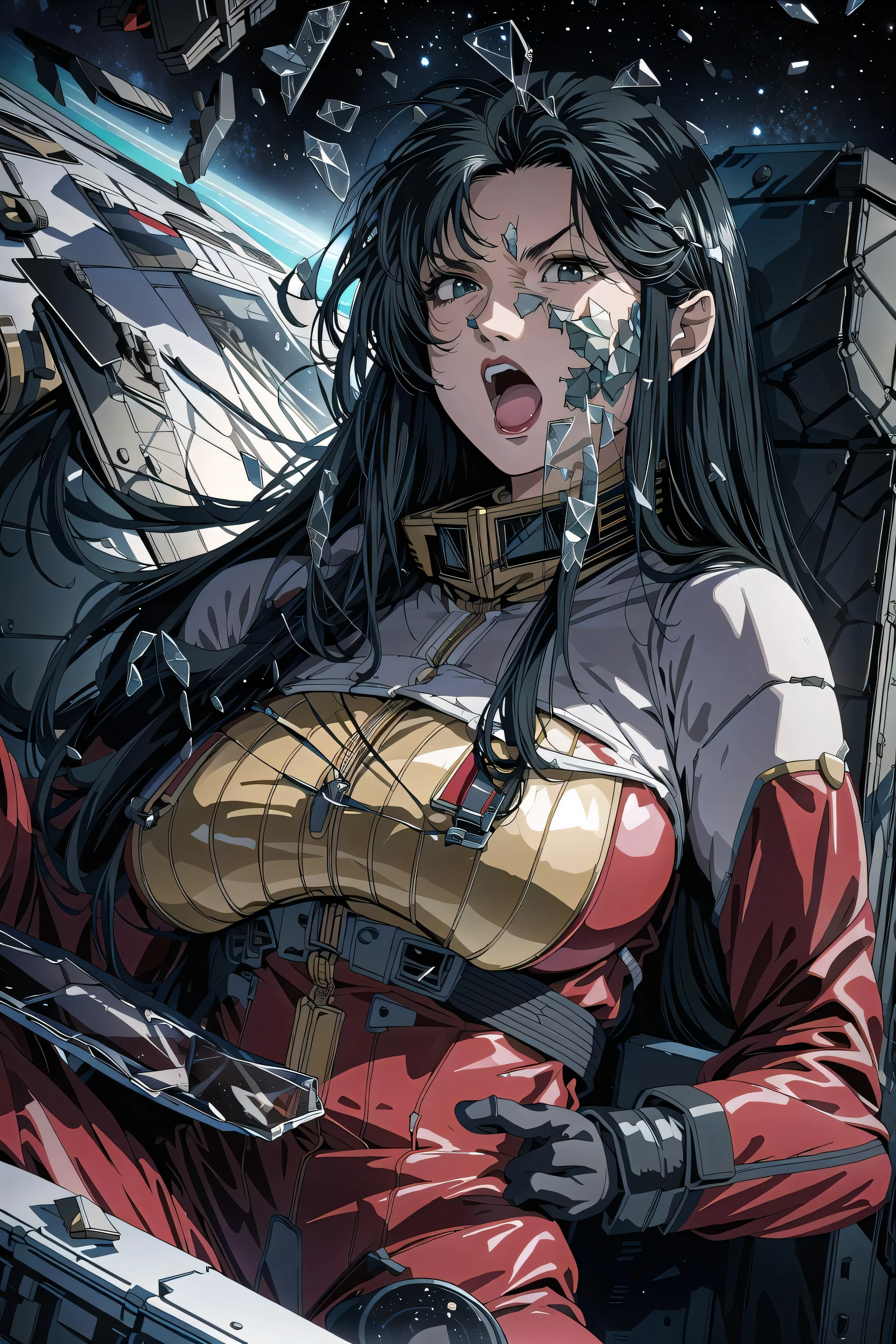 absurdres, (best quality), (masterpiece),(ultra-detailed:1.2),(photorealistic:1.4),(highres),(front:1.3),upper body,close up,(from below:1.2),vivid,
1girl,solo,mature women,sitting,(angry:1.1),Forehead wrinkles,shaded face,(open mouth:1.1),
(broken glass :1.5) (,piece of glass:1.3),prism ,(velocity:1.4),
swirling ,(wind:1.2),floating,red bodysuit,red spacesuit,
cima garahau,
(cockpit:1.5),(space:1.1),universe,