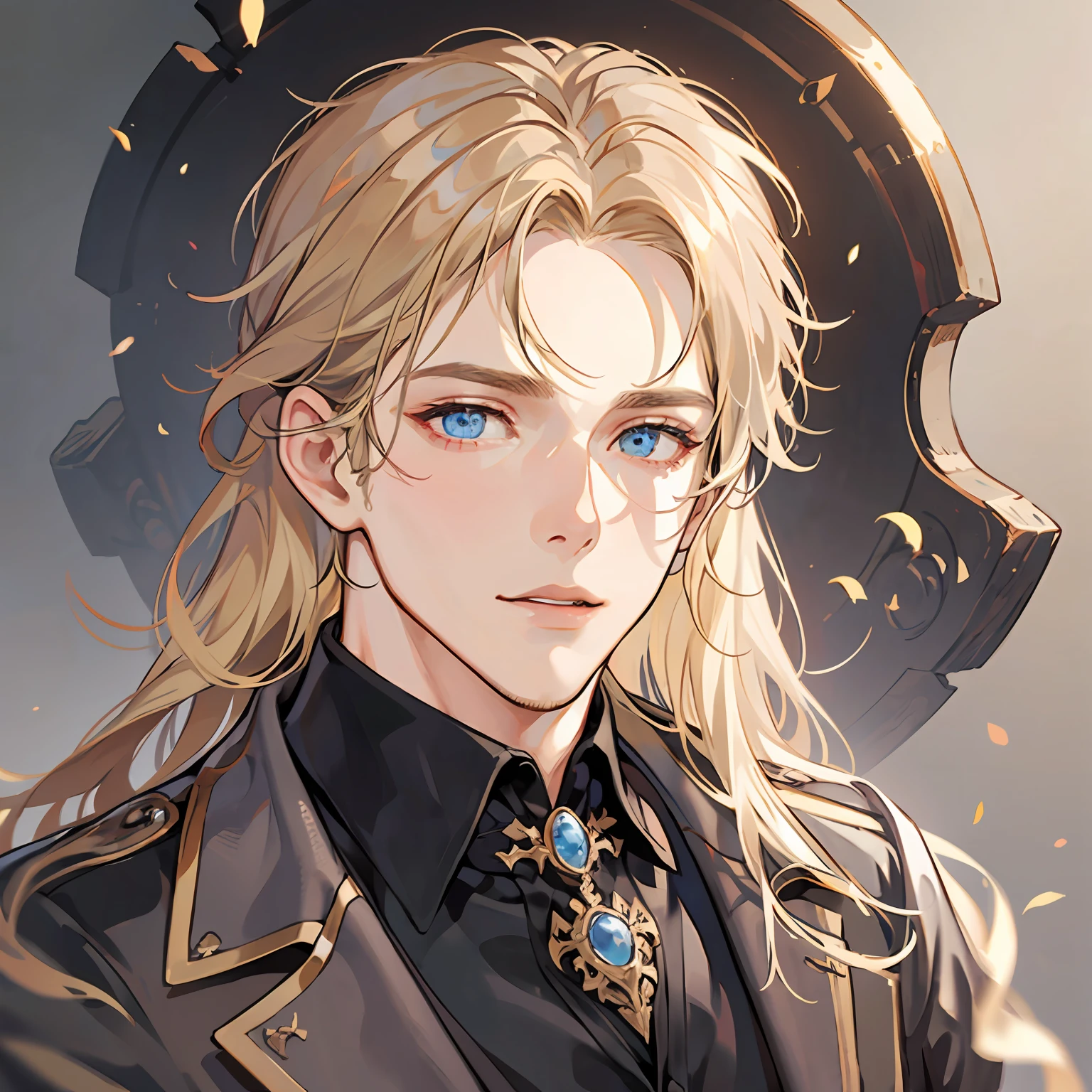 (Masterpiece) 8K resolution, top quality, handsome young man raking hair, beardless, blond long hair, blue eyes, model style, tuxedo, kind face, fantasy style