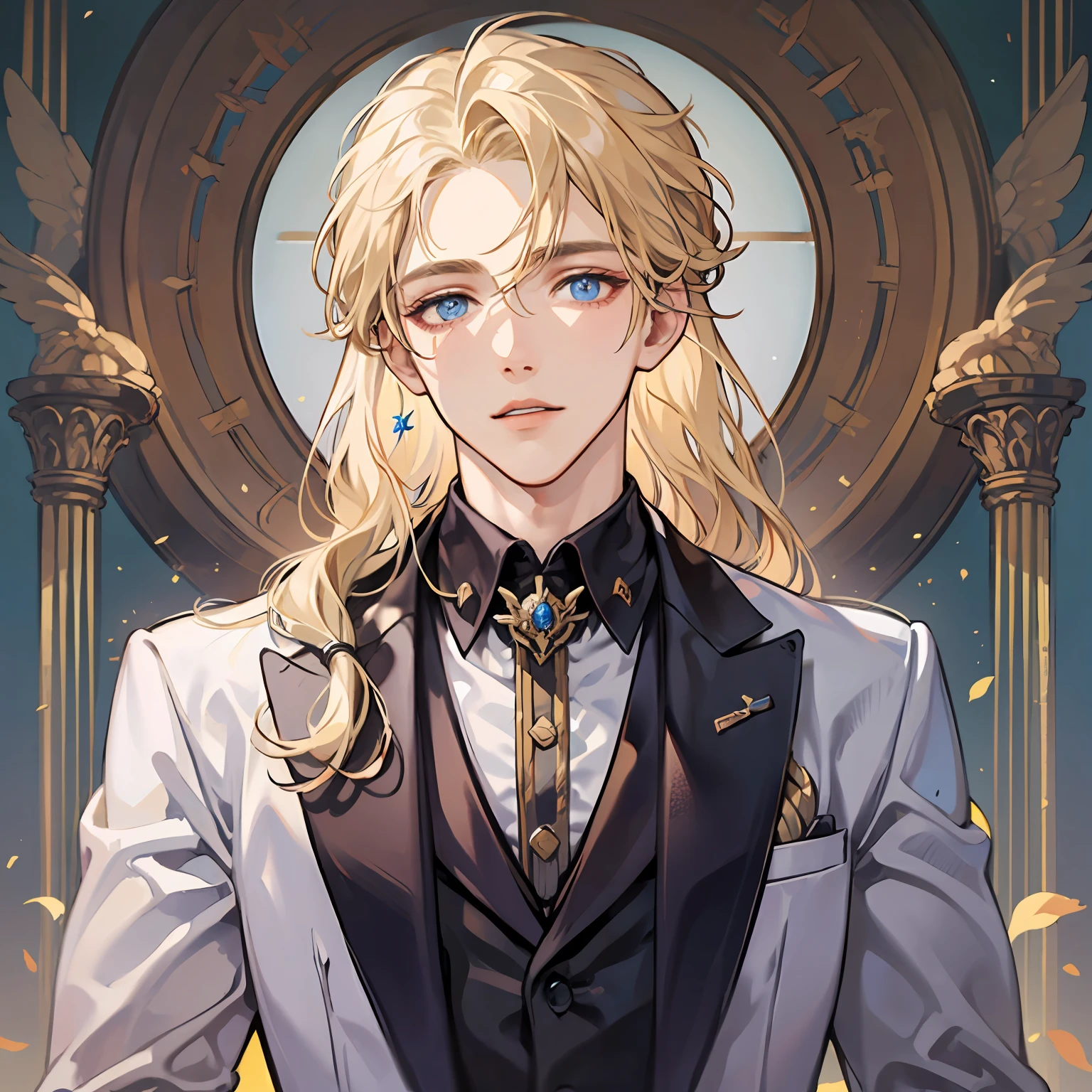 (Masterpiece) 8K resolution, top quality, handsome young man raking hair, beardless, blond long hair, blue eyes, model style, tuxedo, kind face, fantasy style