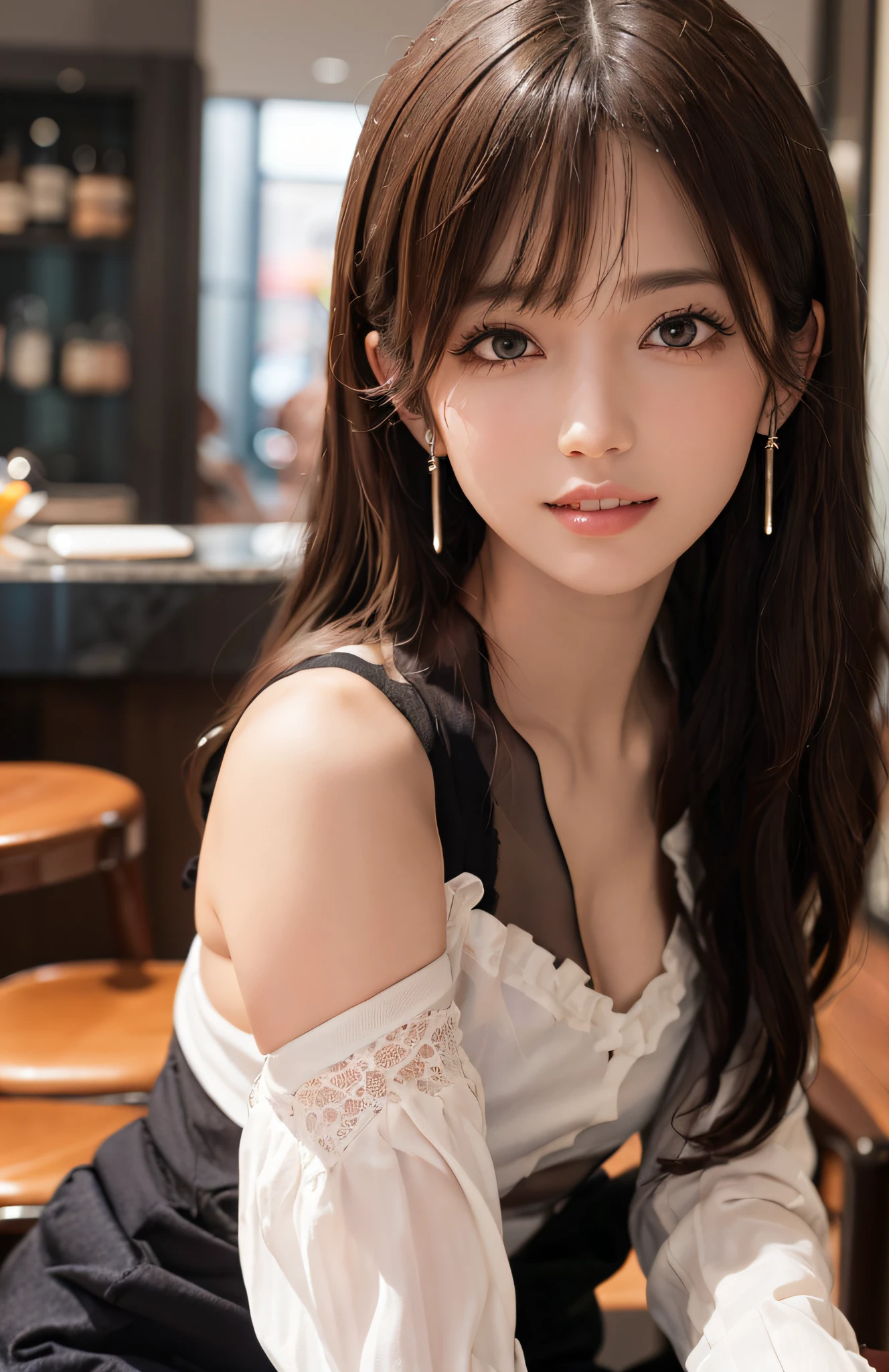 (Ultra Real), (Illustration), (High Resolution), (8K), (Very Detailed), (Best Illustration), (Beautiful and Detailed Eyes), (Best Quality), (Ultra Detailed), (Masterpiece), (Wallpaper), (Detailed Face), Solo, One Girl, Full Body, Staring Viewer, Fine Eyes and Mouth, Detailed Face, Bar Counter, In the Dark, Low Key, pureerosfaceace_v1, Smile, Long Hair, Dark blonde straight hair, bangs, sitting on a chair, beautiful teeth, blushing cheeks, fascinated look,