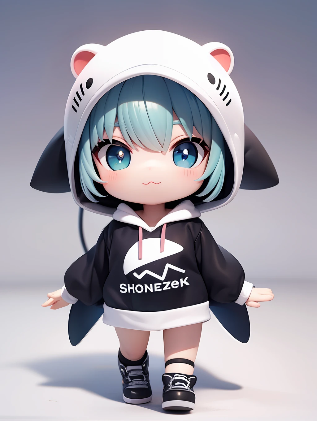 PopMart blind box IP, Chinese zodiac, super cute girl wearing shark hoodie , technological elements, fashionable clothes, streamlined 3D/C4D production: 8K HD picture quality/lighting/ultra-fine lens depiction 1.5, flawless, chibi background/cinematic sense.