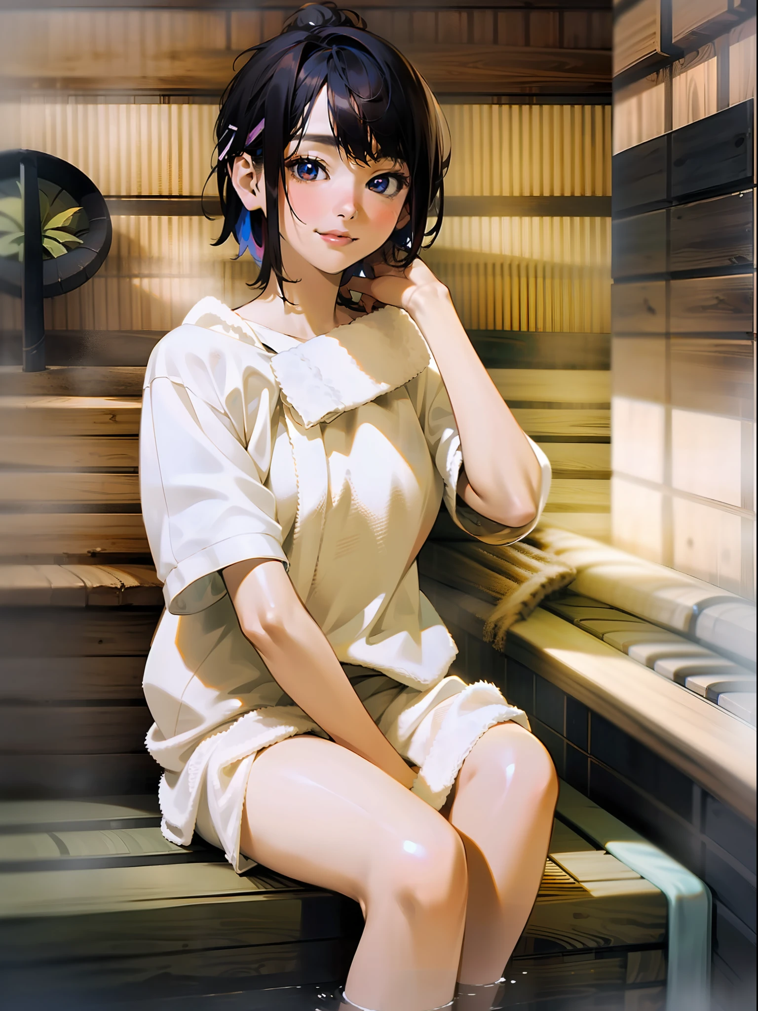 Hi-Res, Super Detail, 1 Girl, ((((Sauna Girl)))), ((Sauna Room))))), (Girl Wrapping a Bath Towel)), (Seating)), ((Legs Closed)), (Straight ahead))), Extreme Detail Eyes, Official Art, Beautiful and Aesthetic, 1 Girl, Extreme Detail, Fractal Art, Colorful, Supreme Detail, Dark Shorthair, Odd-Eye