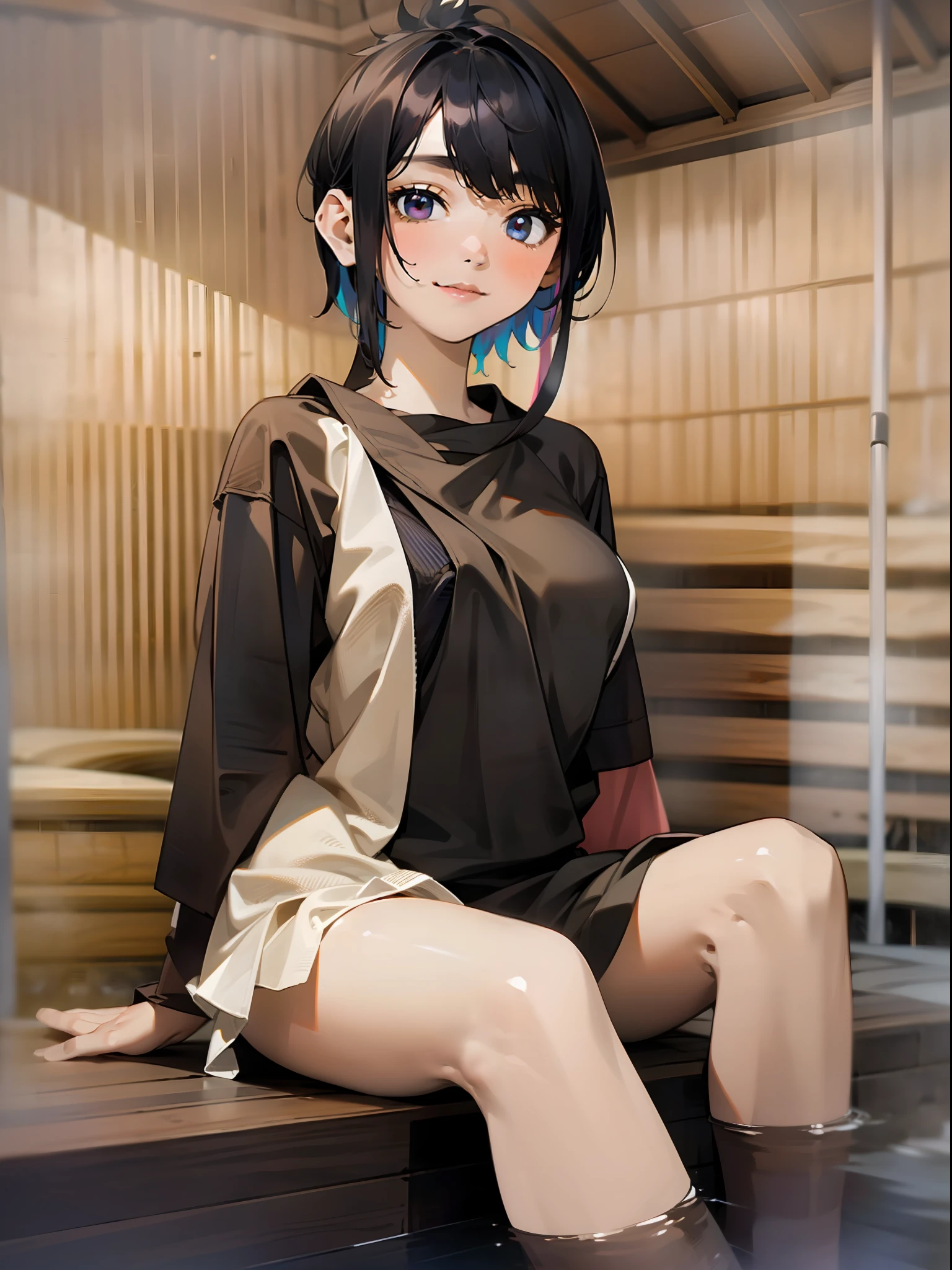 Hi-Res, Super Detail, 1 Girl, ((((Sauna Girl)))), ((Sauna Room))))), (Girl Wrapping a Bath Towel)), (Seating)), ((Legs Closed)), (Straight ahead))), Extreme Detail Eyes, Official Art, Beautiful and Aesthetic, 1 Girl, Extreme Detail, Fractal Art, Colorful, Supreme Detail, Dark Shorthair, Odd-Eye