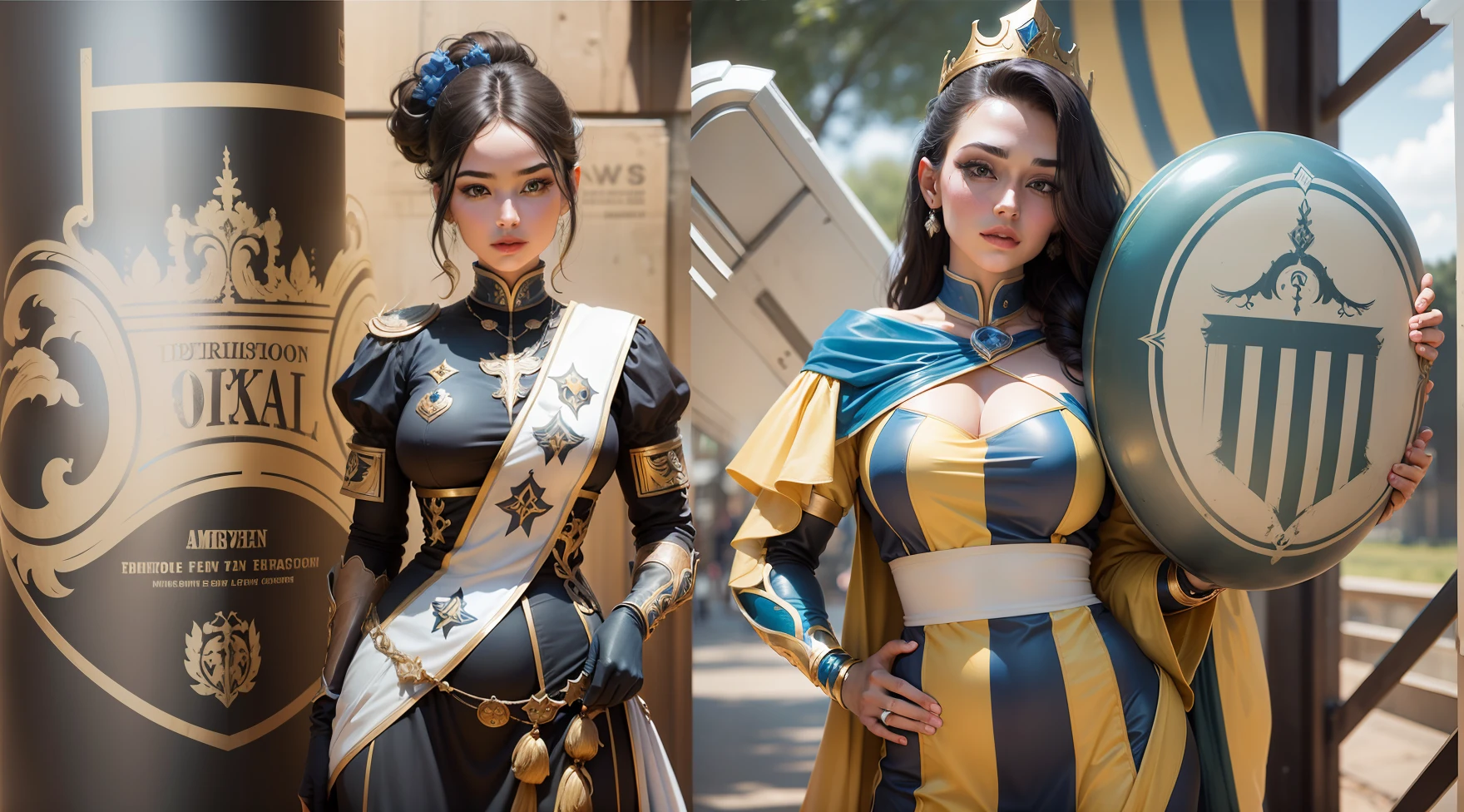 Femenina version of the image Two beautiful women princesses dressed as liberators of America of nobility, representing season 32 A new version of the logos, a new version of the women and a new version of the clothes showing the women of larger bodies and seductive face even more realistic and perfect, with 4k resolution the best quality of definition Uniting the two sectors of the logos with the two women making one image without separations Taking the Traces that are not real leaving more realistic and a greater neckline in women --auto