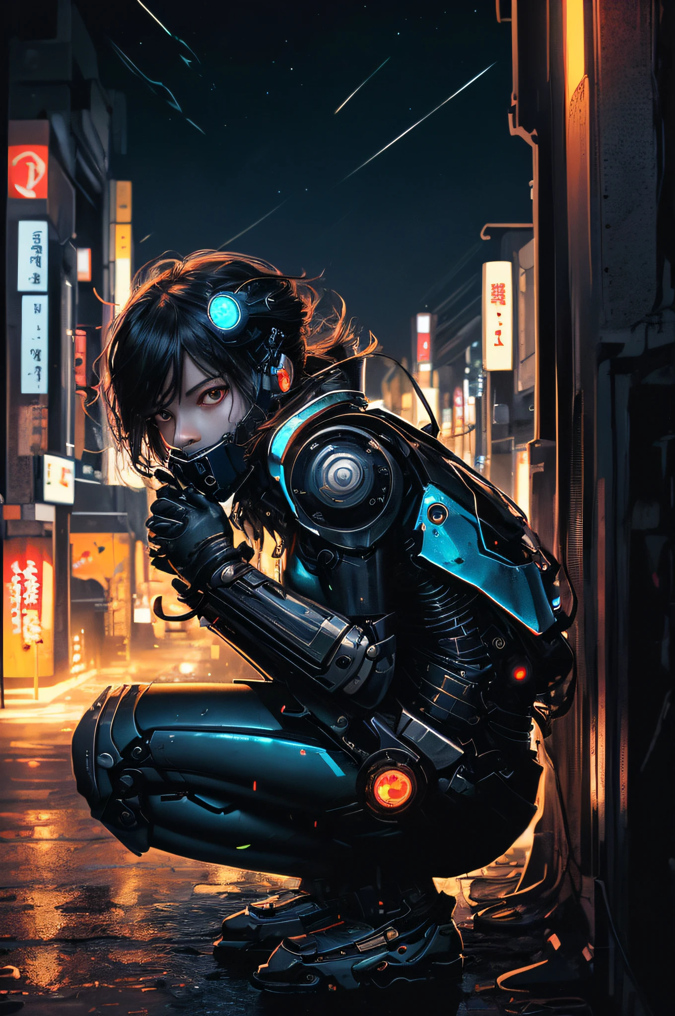 photo, high quality, (close-up shot of 1girl), to8contrast style,mechanical arms, cyborg, slime colored skin, liquid slime skin, arms up, face mask, slime girl, red eyes,(((alone in the darkness, night tokyo background, unlit, hard shadows, deep contrast))), pantyhose, blue lights, modelshoot style, small breasts,(extremely detailed CG unity 8k wallpaper), full body, squatting, most beautiful artwork in the world, trending on ArtStation, trending on CGSociety, Intricate, High Detail, Sharp focus, dramatic, night starry sky, photorealistic painting art by midjourney and ilya kuvshinov,