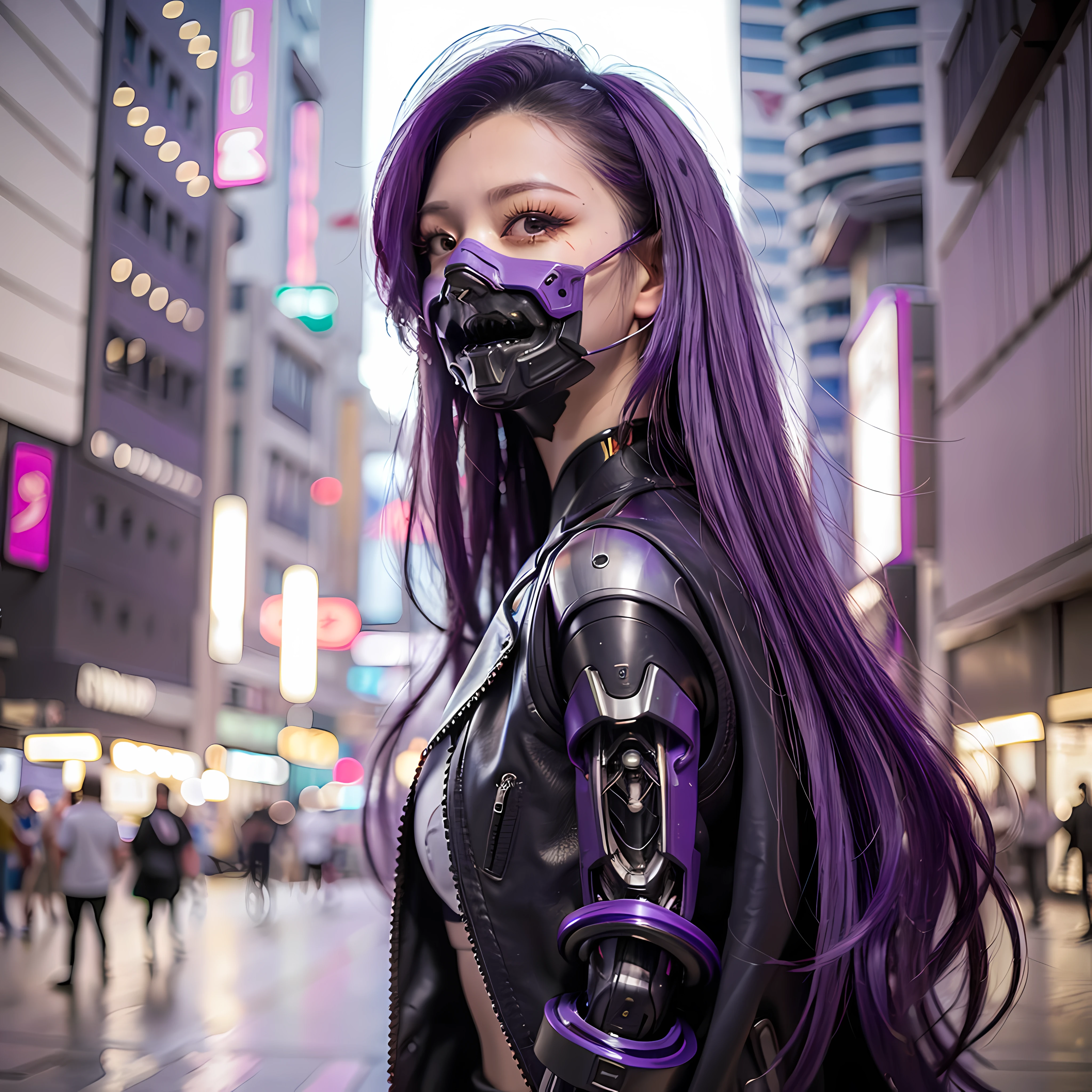 (Photorealistic:1.4), (Best Quality:1.0), (Ultra Resolution:1.0), (8K, RAW Photo), (Masterpiece:0.2), Portrait, Facial Focus,
Cybernetic_Jawless, ((mask)), mechanical parts, (cybernetics), 1 girl, asian girl, jacket, (long hair:1.5), (purple hair:1.5),
Cyberpunk Street background, (neon: 1.2),