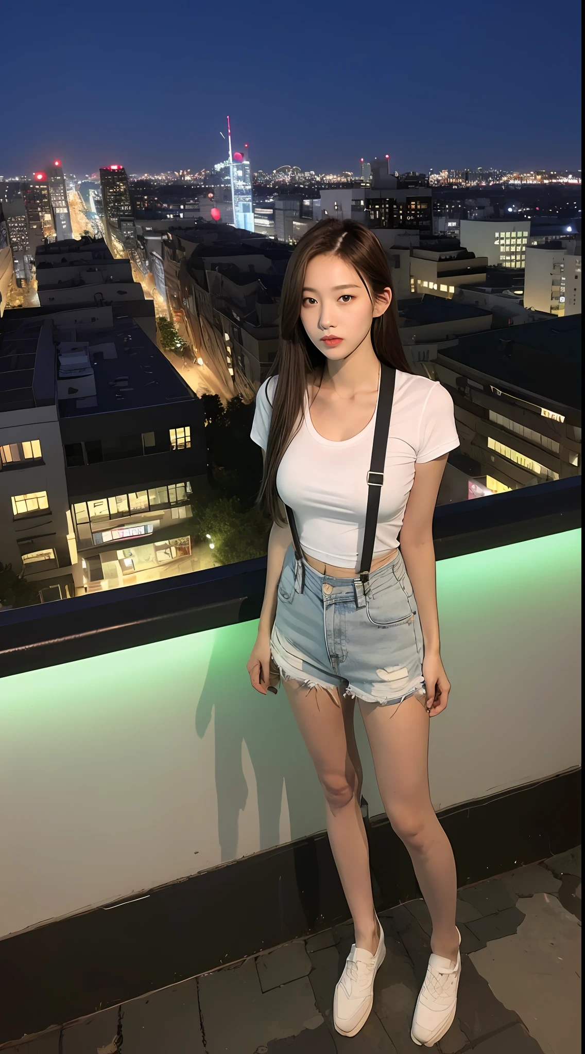 ((Midnight, Acura, 8K, Masterpiece: 1.3)), Full body, Long legs, Focal length: 1.2, Perfect Body Beauty: 1.4, Slim Abs: 1.1, ((Dark Brown Hair, Big Breasts: 1.2 )), (White U-Neck T-shirt, denim suspenders, standing: 1.2), ((City Night View, Roof: 1.3)), Highly detailed face and skin texture, Detailed eyes, Double eyelids