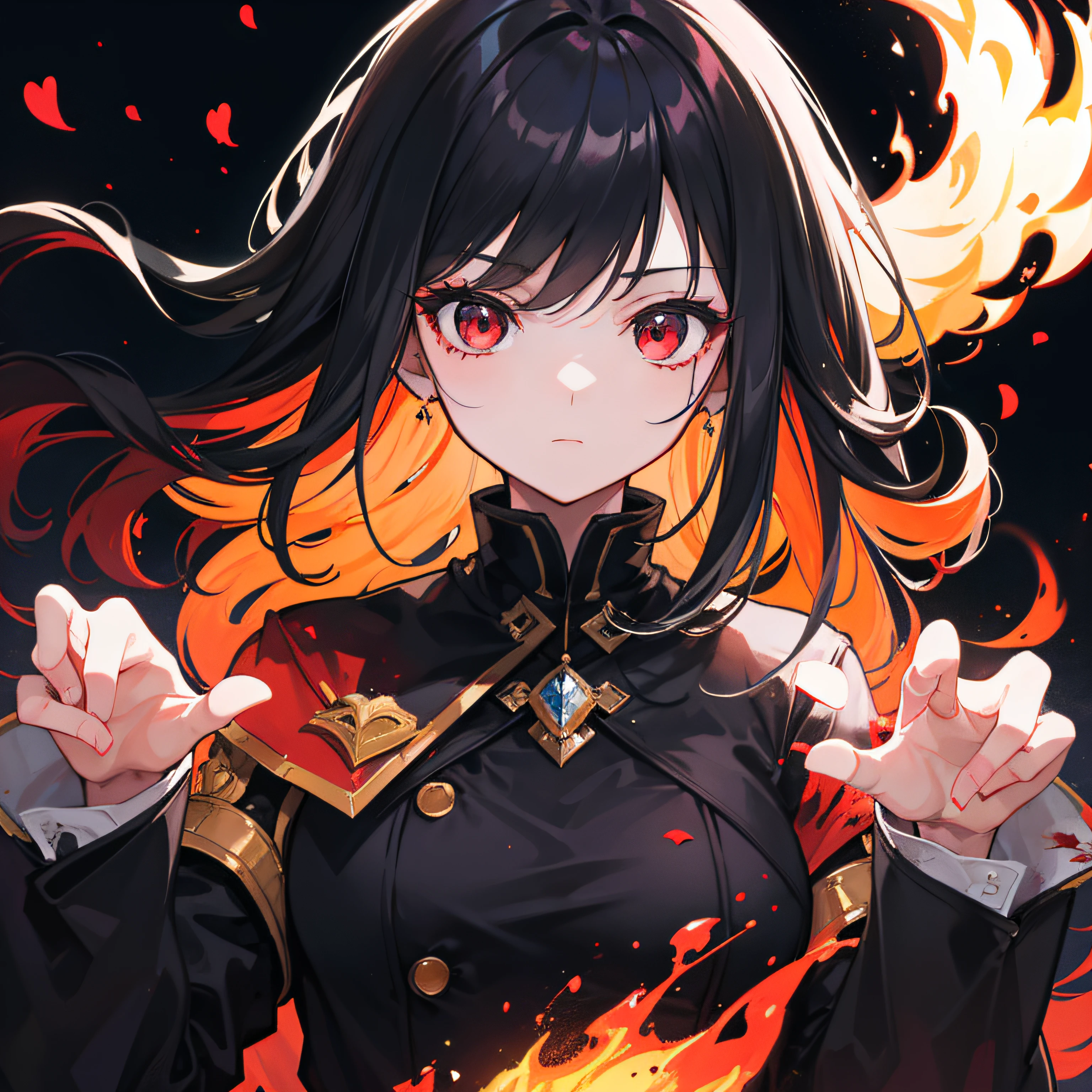 1girl, black hair, red eyes, fire witch, blood, light particles, light rays, wallpaper, high contrast, colorful,