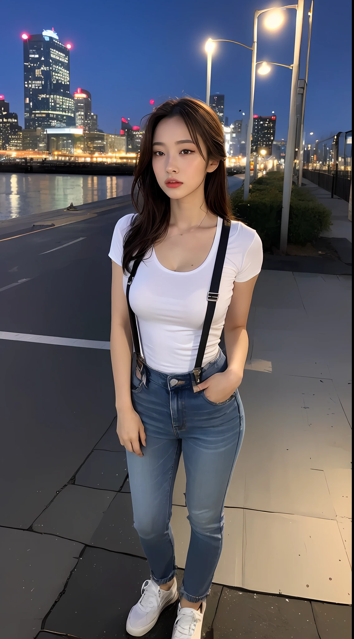 ((Midnight, Acura, 8K, Masterpiece: 1.3)), Full body, Long legs, Focal length: 1.2, Perfect Body Beauty: 1.4, Slim Abs: 1.1, ((Dark Brown Hair, Big Breasts: 1.2 )), (White U-Neck T-shirt, denim suspenders, standing: 1.2), ((City Night View, Roof: 1.3)), Highly detailed face and skin texture, Detailed eyes, Double eyelids
