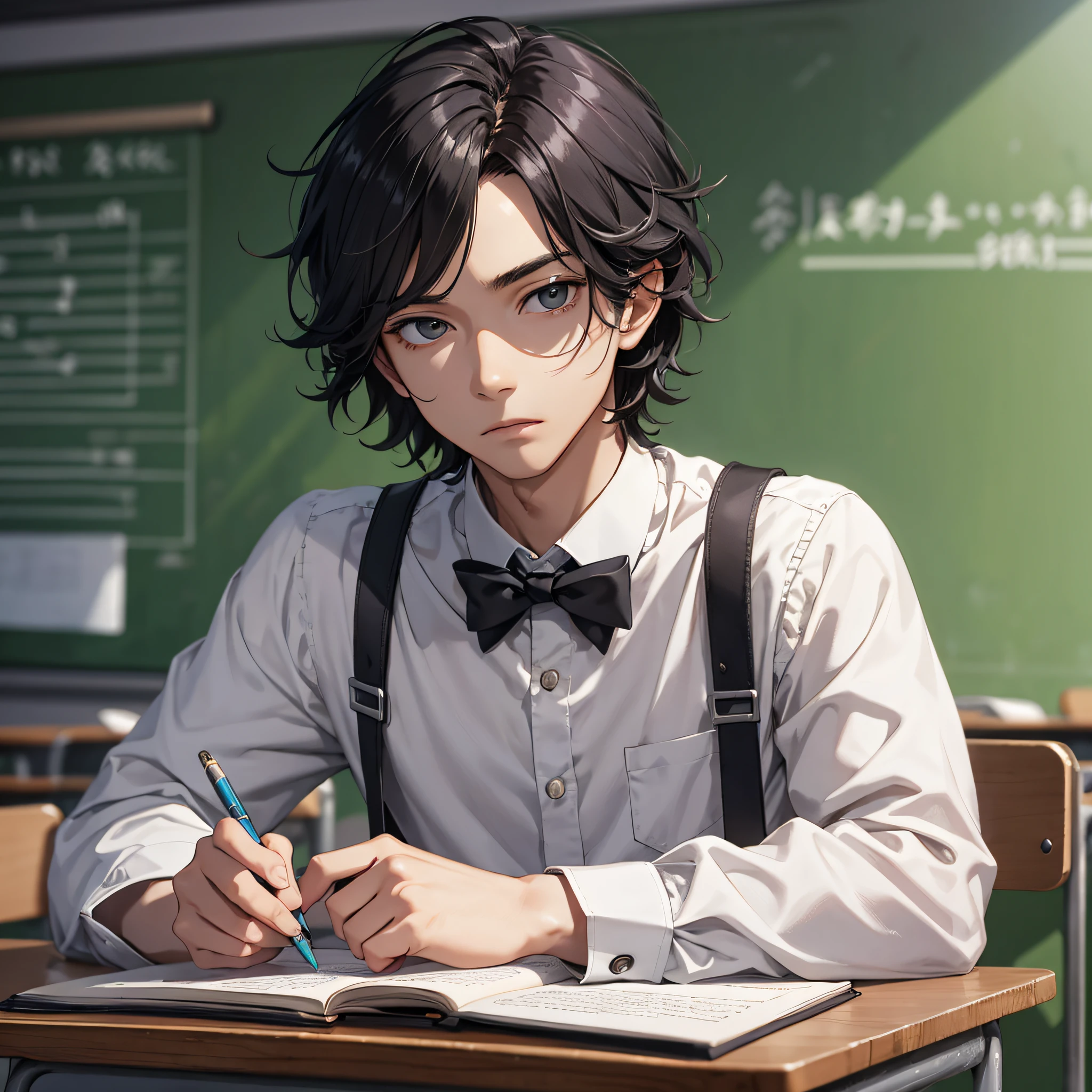 Ridiculous resolution, high resolution, (masterpiece: 1.4), hyper-detail, classroom, young man messy black hair, white suspenders, serious expression, sitting, writing