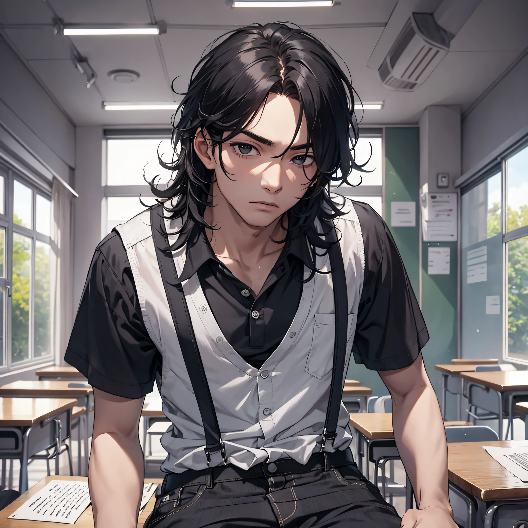 Ridiculous resolution, high resolution, (masterpiece: 1.4), hyper-detail, classroom, young man messy black hair, white suspenders, serious expression, sitting, writing