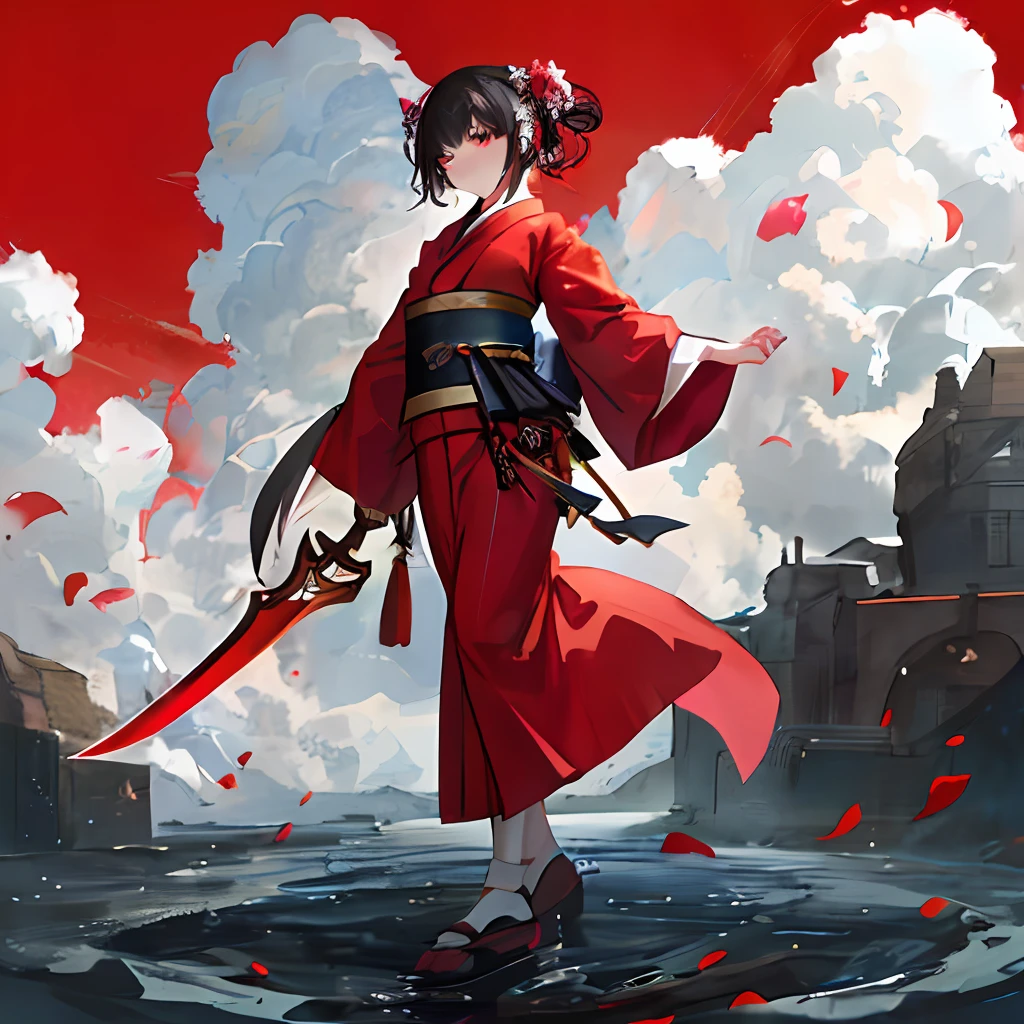 masterpiece, best quality, a woman in a red kimono with a sword and a red background with a pagoda and a red stream of smoke, Facing the camera sideways, fantasy art,1girl, red_background, petals, official_alternate_costume, japanese_clothes, kimono, solo, hair_bun, sidelocks, red_eyes, full_body, breasts, black_hair, standing, flower