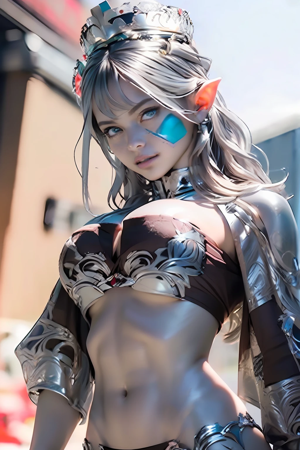 Ultra-detailed complex 3D rendering of the face, (masterpiece, top quality, octane rendering,), glamour shots full body image, very beautiful young elves, cleavage, (highly detailed skin: 1.2), (exposure: 1.1), ((blue micro bikini: 1.95)))). , 8k, (((very soft breasts)), (((conspicuous large pink areola)), beautiful Caucasian woman with white skin with full soft breasts with big buttocks, one, long braided hair, big breasts, dynamic angle, (((huge breasts: 2.4)), ultra-realistic photos, (((((brown-haired))), futuristic urban background, facial muscles, ((((detailed and glamorous silver crown)))), In the style of Marvel Comics, ArtStation Trends, Clear Focus, Intricate Details, Very Detailed, Detailed Green Eyes, Sharp Focus, Digital Rendering, Professional, Abs, Lip Gloss, Glossy Skin, Sexy Pose, Golden Tattoo All Over Body, Silver Pattern All Over Body, Silver Lame Skin, Gold Glitter Skin, Mansuji, Buttocks, Jeweled All Over the Body, with silver scales,