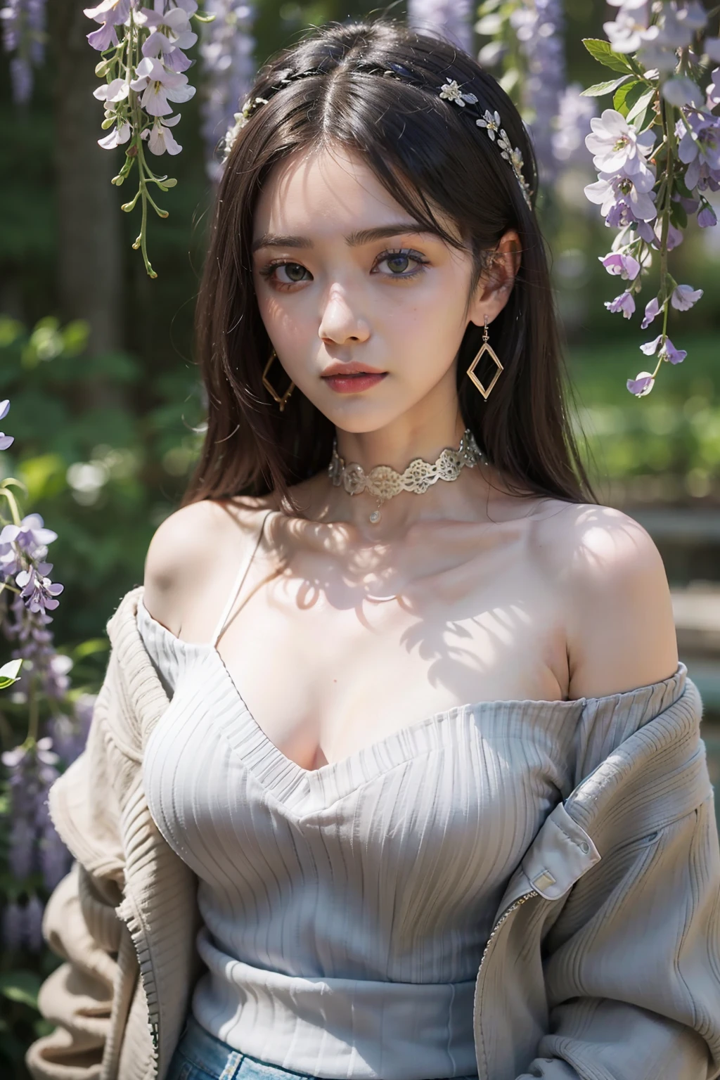(Masterpiece, Excellent, 1girl, Solo, Intricate Details, Color Differences), Realism, (Medium Breath)), Off-shoulder, Big, Sexy, Yaemiko, Long Gray Ash Hair, Crystal Headdress, Red Highlights, Hair Above One Eye, Green Eyes, Earrings, Sharp Eyes, Perfectly Symmetrical Figure, Choker, Neon Shirt, Open Jacket, Turtleneck Sweater, Towards the wall, concrete wall, graffiti, dim lighting, alley, looking at the audience, ((meaningful, enchanting, fascinating)), ((wisteria background))), (Japan temple background))), ((glowing background))