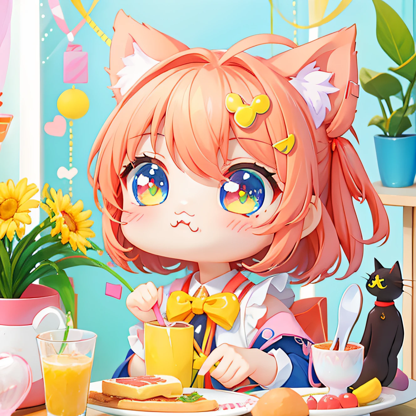 anime cat with a plate of food and two cats, anime visual of a cute cat, anime cat, cute anime catgirl, cute!! chibi!!! catgirl, cute art style, anime catgirl, kawaii cat, cute detailed digital art, neferpitou, pixiv, sora as a cat, nekomimi, nyaruko-san, cute anime